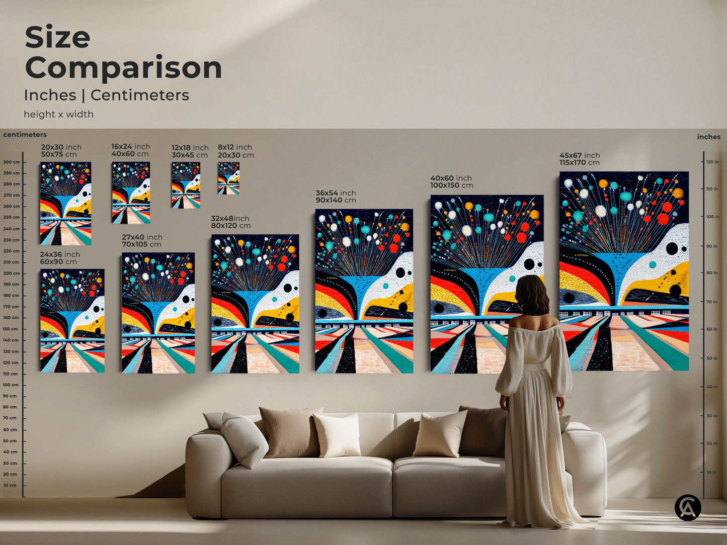 Size comparison featuring abstract bowling canvas prints. Various sizes displayed from small to large in inches and centimeters. A woman stands near the artwork for scale. Visualize how this geometric sport artwork fits in your space.