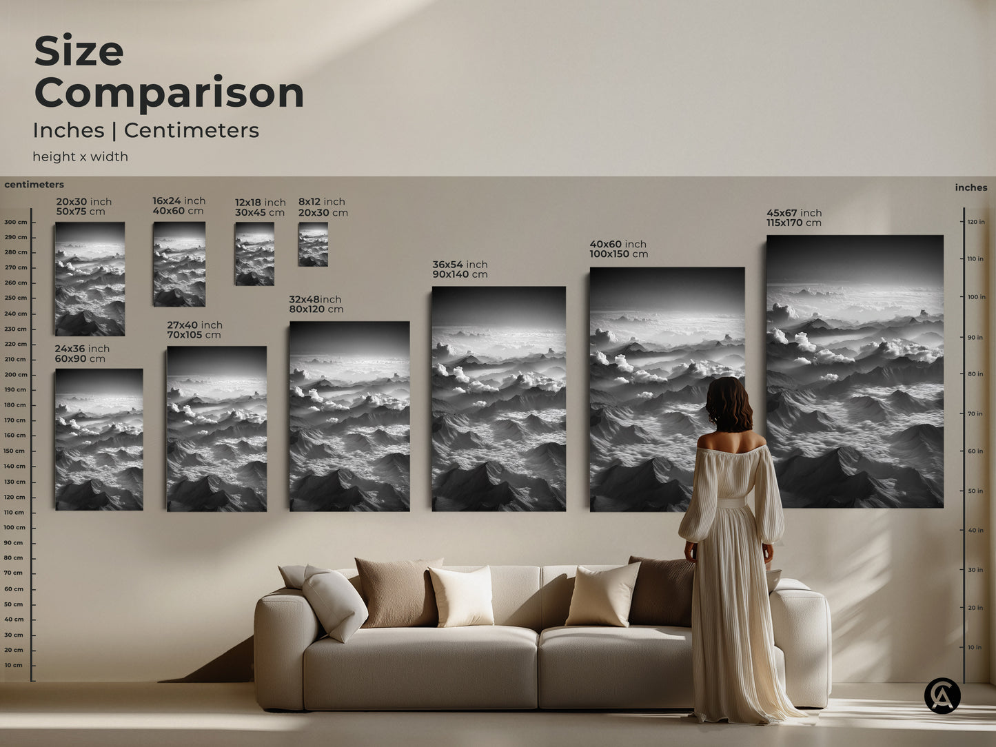 Size comparison of monochrome mountain prints. This aerial landscape art is perfect for any space. See canvas and poster sizes in inches and centimeters. The minimalist cloud canvas is great nature wall decor.