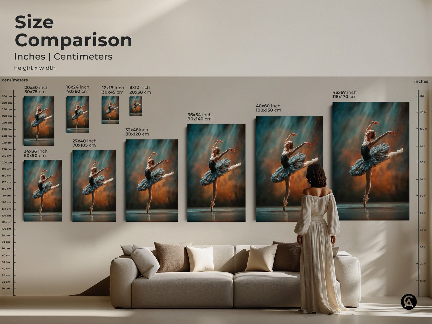 Size comparison of ballerina art prints. Various sizes are displayed in inches and centimeters. See how the artwork fits in a living room setting. The ballerina art features a dancer en pointe in a blue tutu. Find the ideal size for your home.