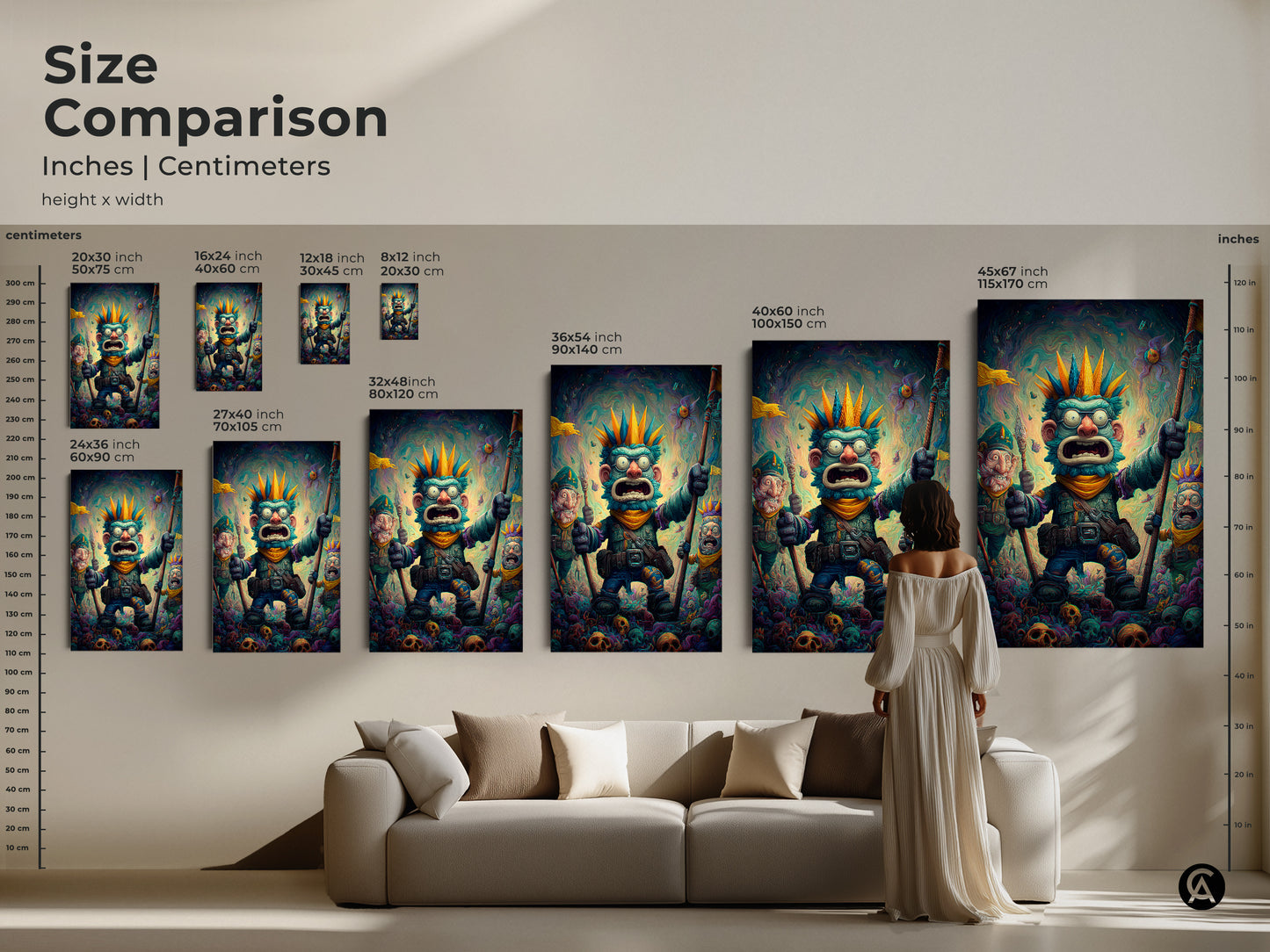 Compare sizes of this bizarre monster artwork in inches and centimeters. See how the art print scales from a small 8x12 inch to a large 45x67 inch canvas. Choose the ideal size to complement your living room. Elevate your home decor with this unique artwork.