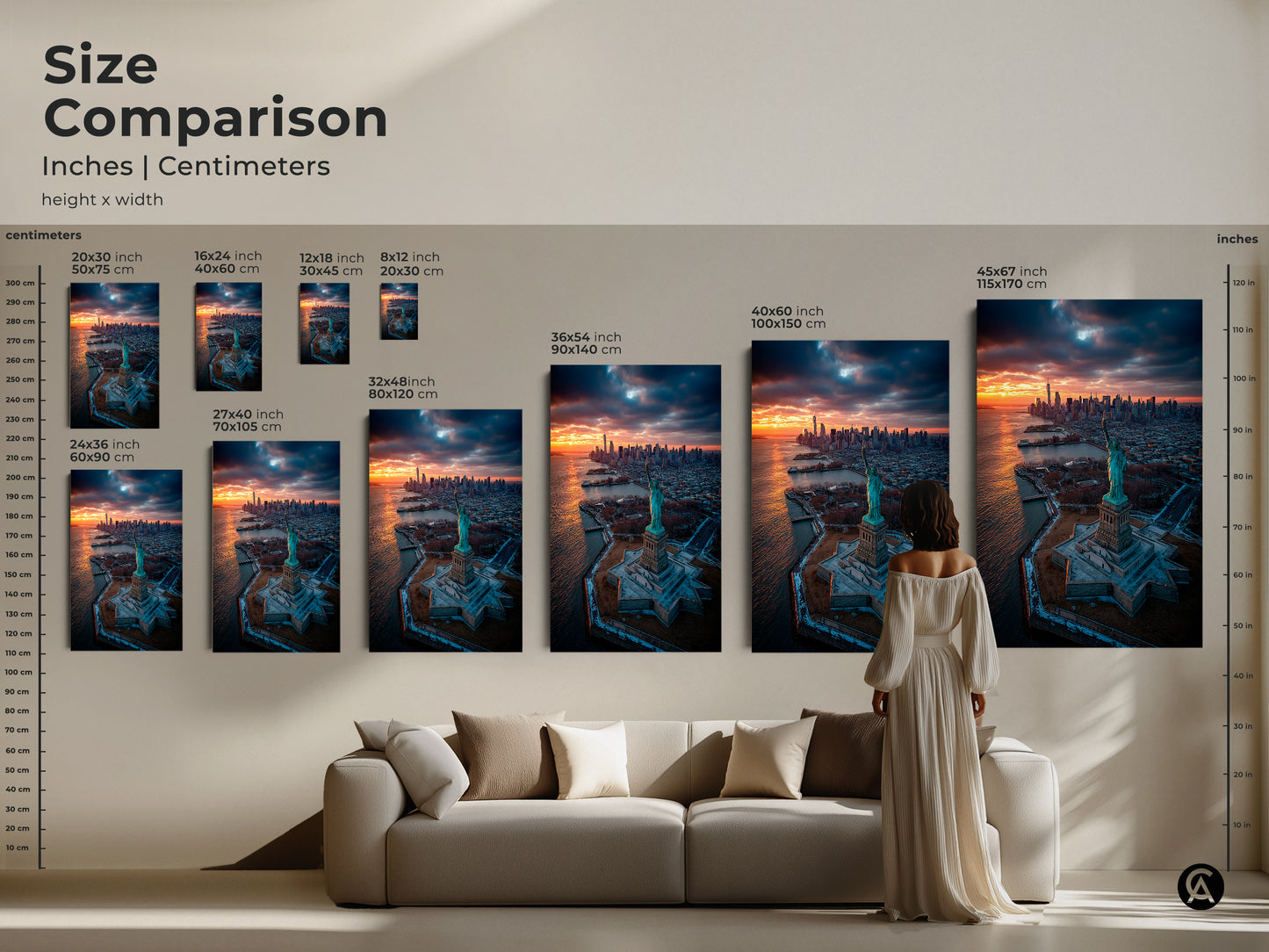 This size comparison showcases various art print sizes. See how each artwork fits in a living space. Sizes range from 20x30 to 45x67 inches. This comparison helps you visualize the perfect art piece.