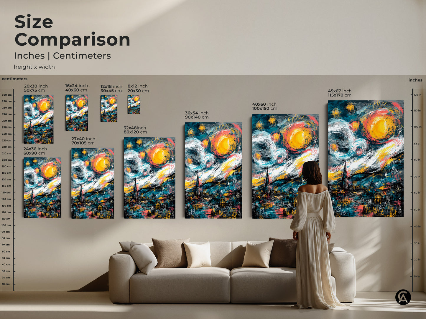 Compare sizes to find the ideal fit for your home. This artwork is available in various dimensions. Options range from small to large. Visualize how this modern take on Van Gogh's Starry Night will enhance your living space.