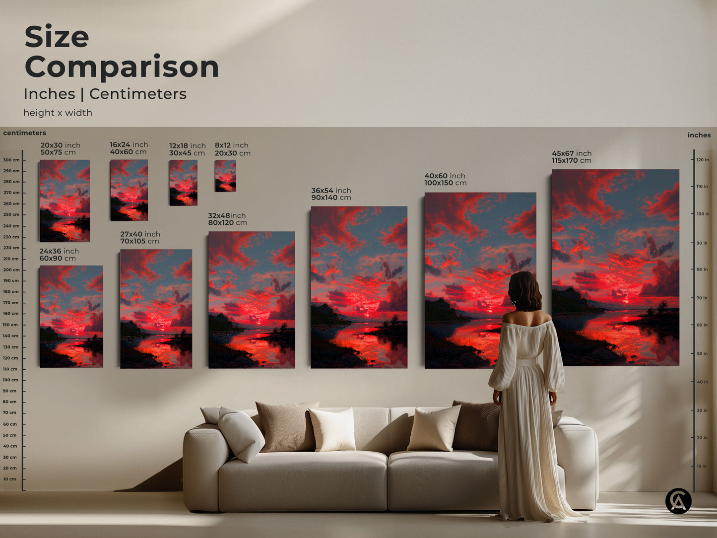 Compare the sizes of the Crimson Sunset artwork in inches and centimeters. See how this red sky landscape print transforms a living space. From small to extra large find the perfect fit for your home. This contemporary nature wall decor makes a stunning housewarming gift.