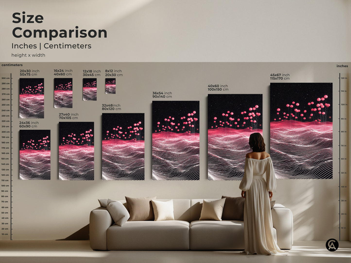 Size Comparison of Sci-Fi Abstract Landscape Prints in inches and centimeters. Pink Balloons rise above a Magenta landscape. Various sizes from 8x12 to 45x67 inches displayed. See how the artwork fits above a couch. Ideal for visualizing wall art in your home.