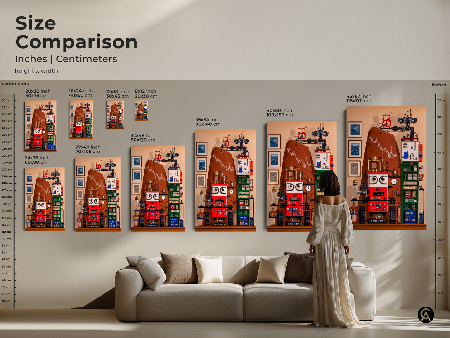A size comparison shows surreal steampunk robot artwork in a living room. This abstract art features intricate gears and a blend of red blue and brown. It is a striking piece for any home. It is an ideal gift for tech enthusiasts or gadget lovers.