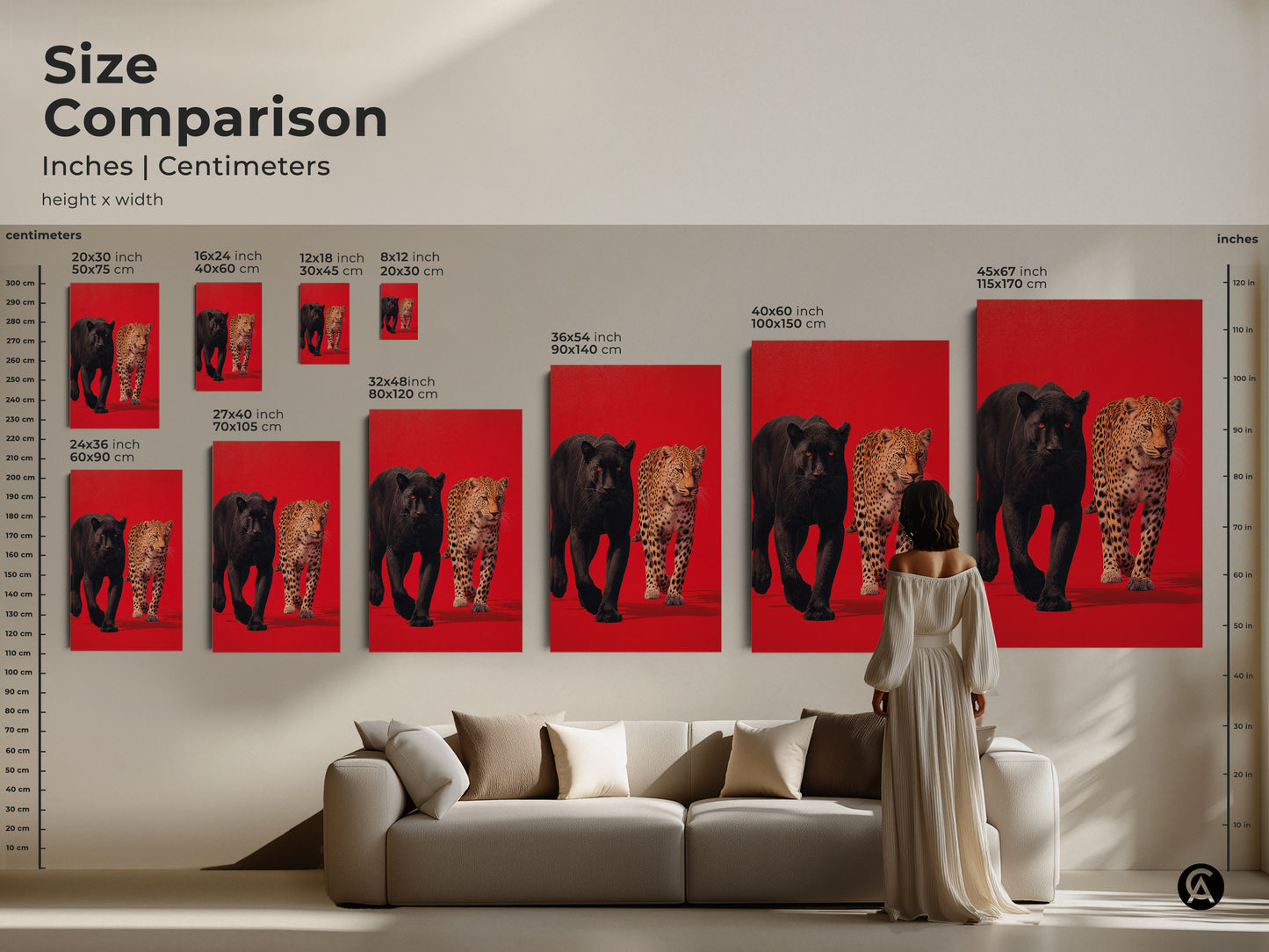 Size comparison of black panther and leopard artwork in inches and centimeters. The artwork is displayed in various sizes. From small to large to help you visualize it in your space. Find the perfect fit for your home decor now