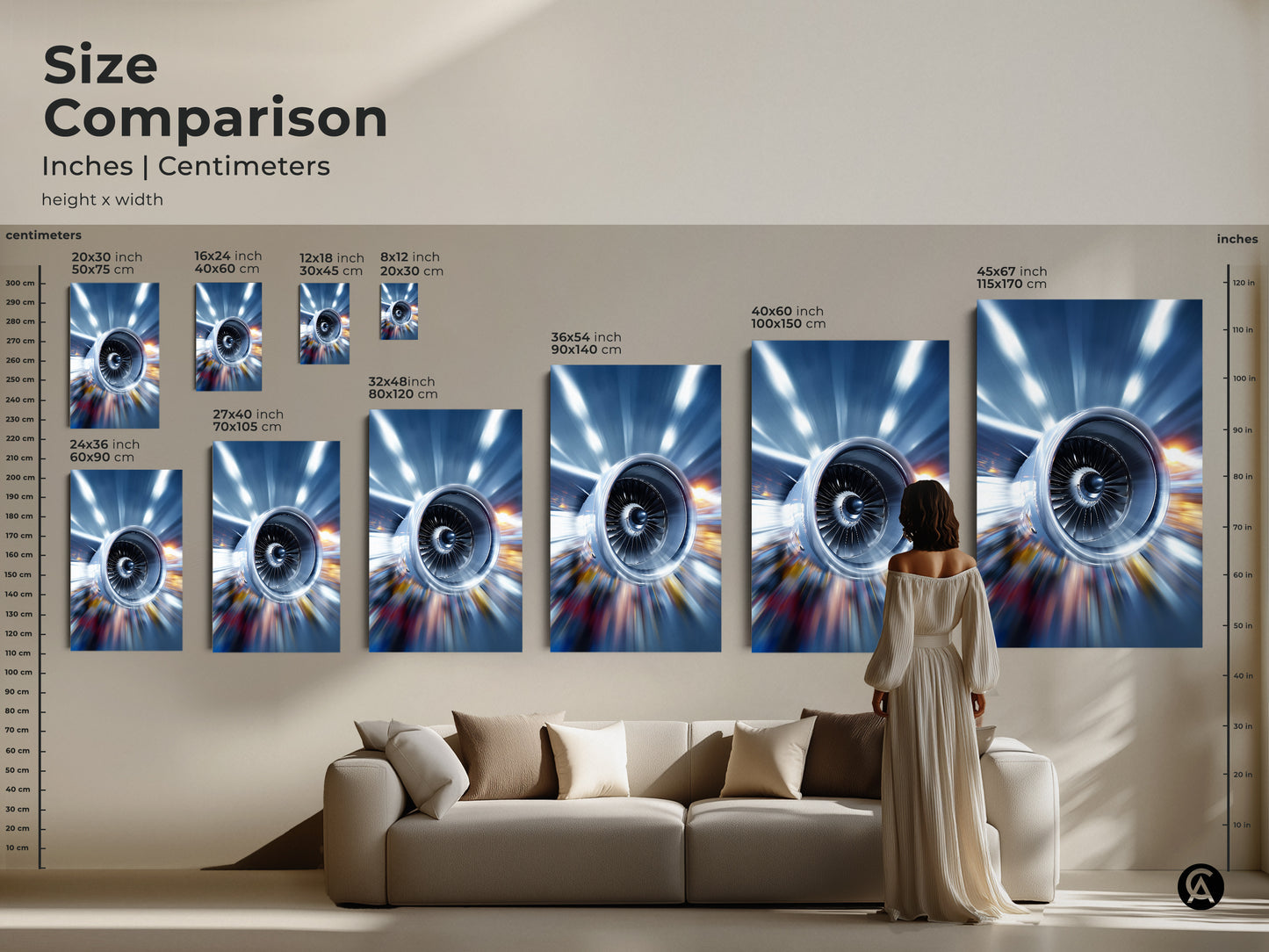 Size comparison of abstract jet engine art prints in various dimensions. Inches and centimeters are displayed for canvas and poster options. This industrial technology artwork can transform any living space. The metallic blue artwork adds a modern and sophisticated touch to your home.