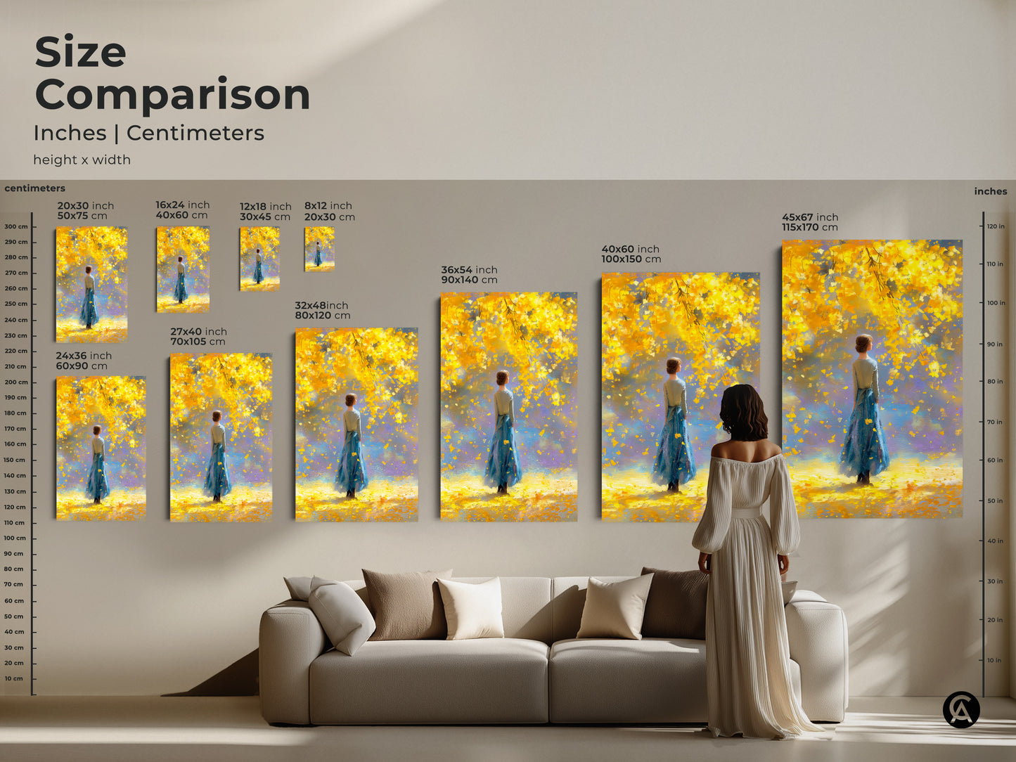 Size comparison of artwork featuring a woman in a blue dress under a yellow tree. See how different sizes fit above a couch from 8x12 to 45x67 inches. Visualize the perfect dimensions for your space. Enhance your home decor with this beautiful and elegant art piece.