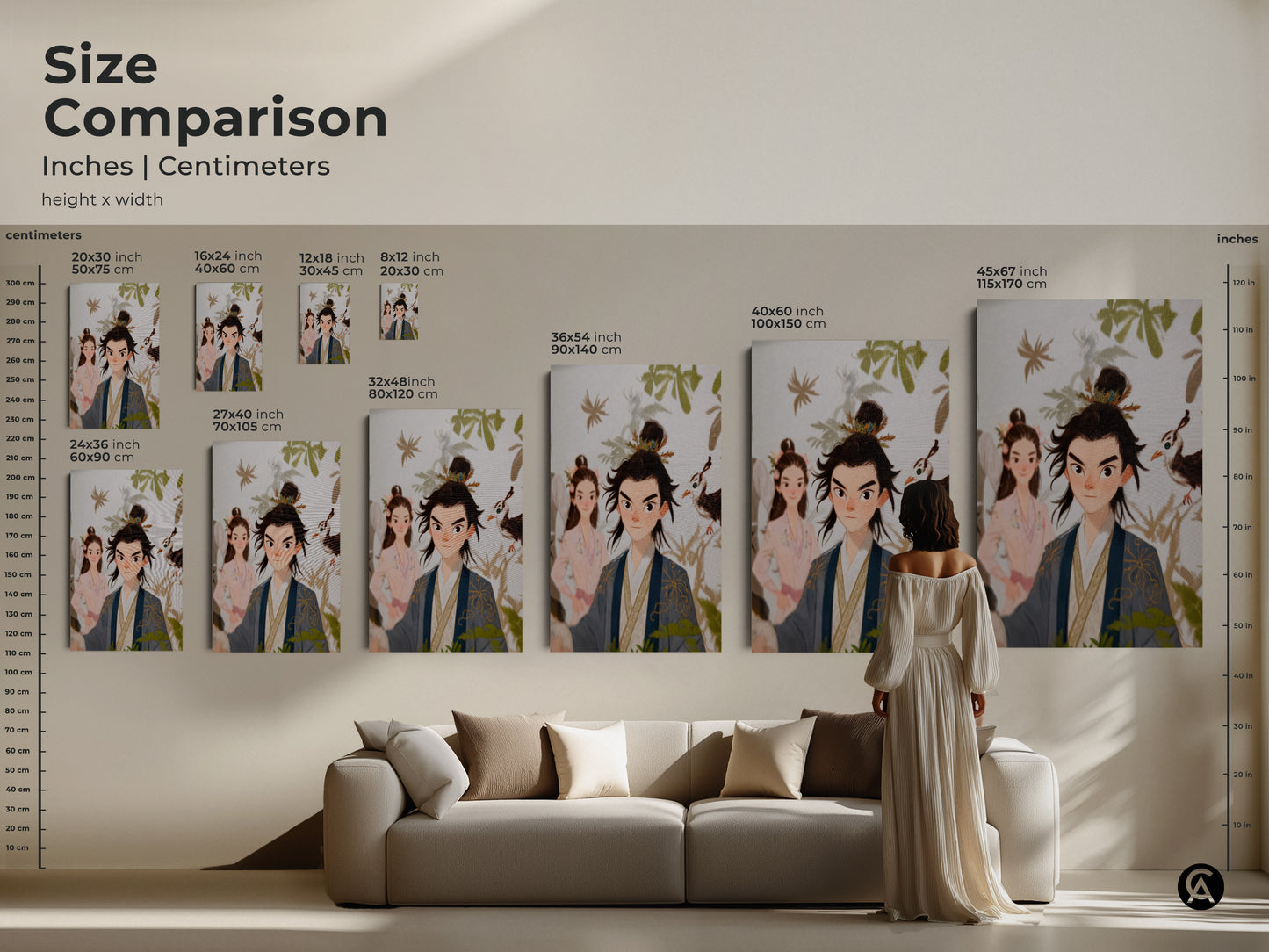 Size comparison of the traditional Chinese couple art print. Inches centimeters height by width. A woman is looking at the art print hanging above a couch. The art print is beige blue and green eclectic wall decor.