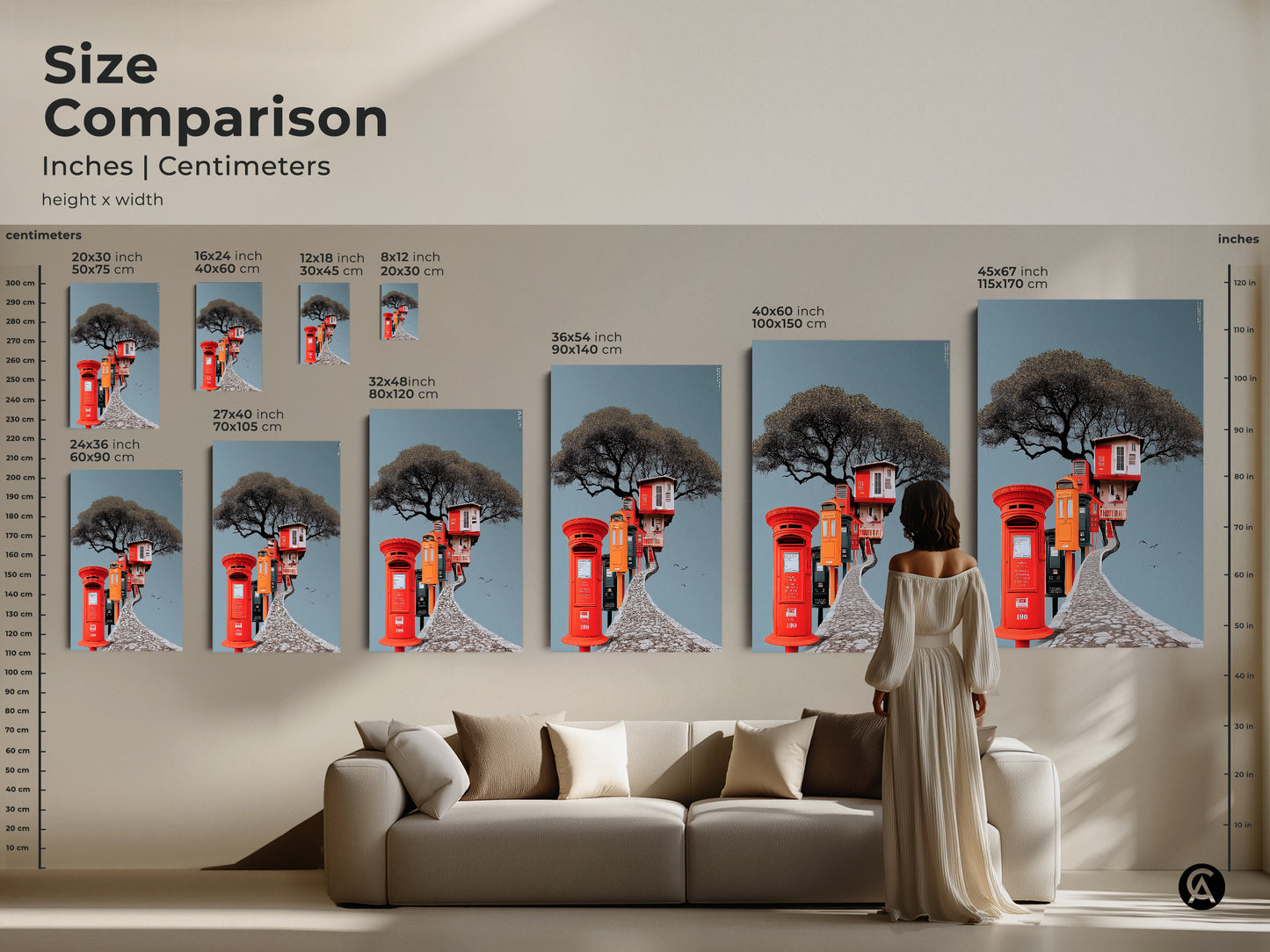 Size comparison showcasing surreal treehouse art in various dimensions. See the artwork's scale next to a sofa and a person. This eclectic post box art is available in multiple sizes. Find the perfect fit for your space this nature-inspired art print.
