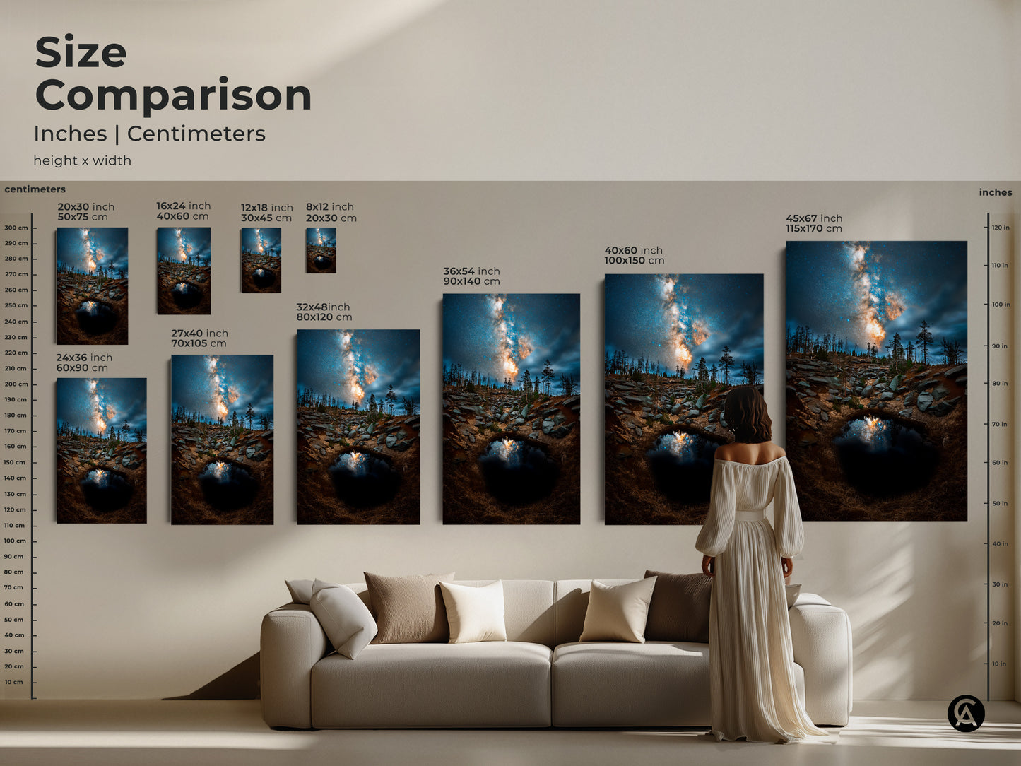 Size comparison of Milky Way canvas art in inches and centimeters. See how the different sizes look above a couch. A guide to make the best decision for your modern space themed art.