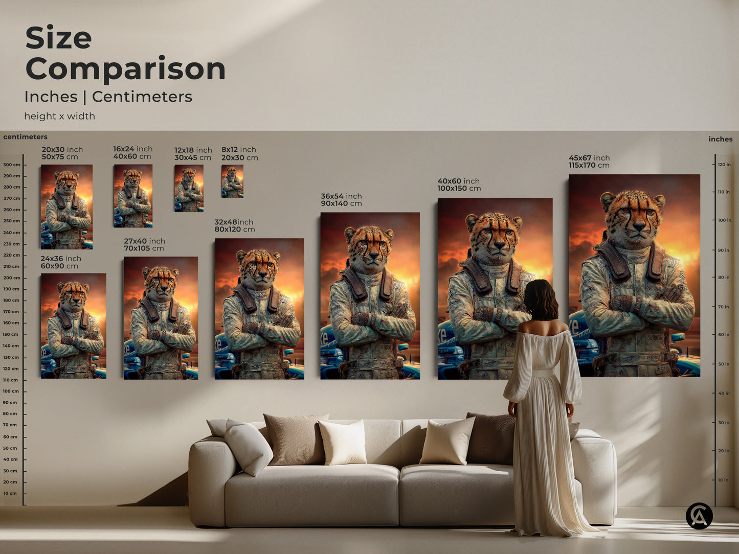 Compare sizes of the cheetah race car driver artwork. This display shows the print in inches and centimeters. See how each size fits within a living space. This is a great gift for any F1 fan or someone that enjoys eclectic home art.
