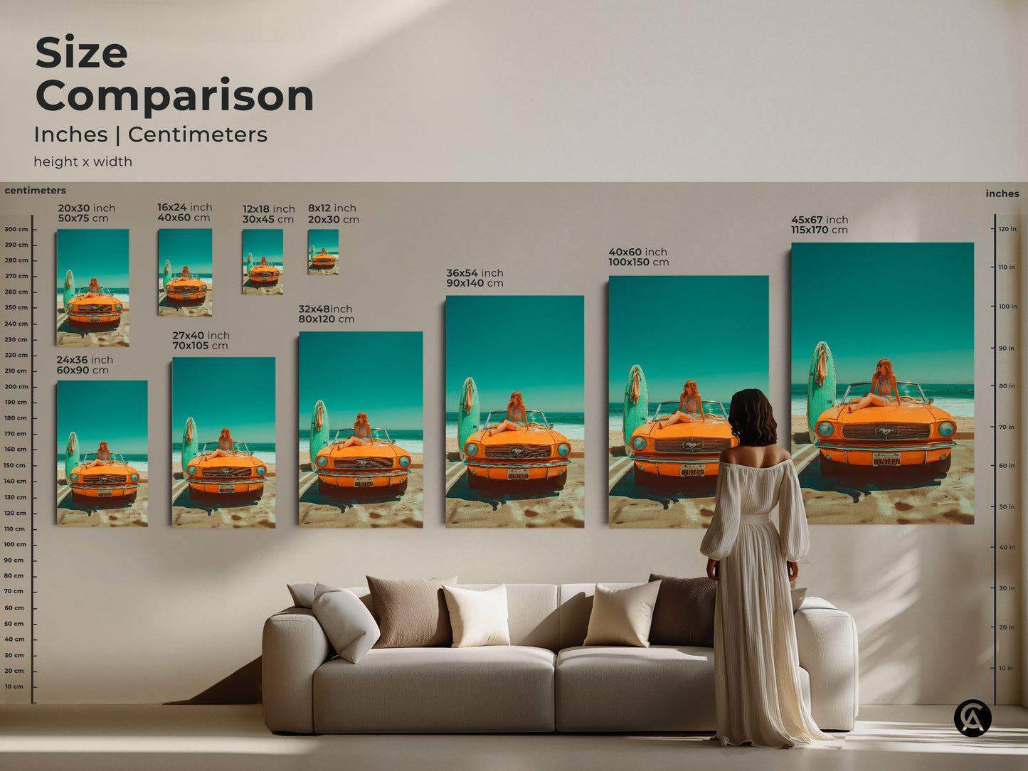 Size comparison of artwork featuring a vintage orange Mustang by the beach. Visualize how different sizes look in a living space. Available in inches and centimeters for canvas and poster prints. Find the ideal size for your wall decor. Enhance your home with this summer-themed vintage art.