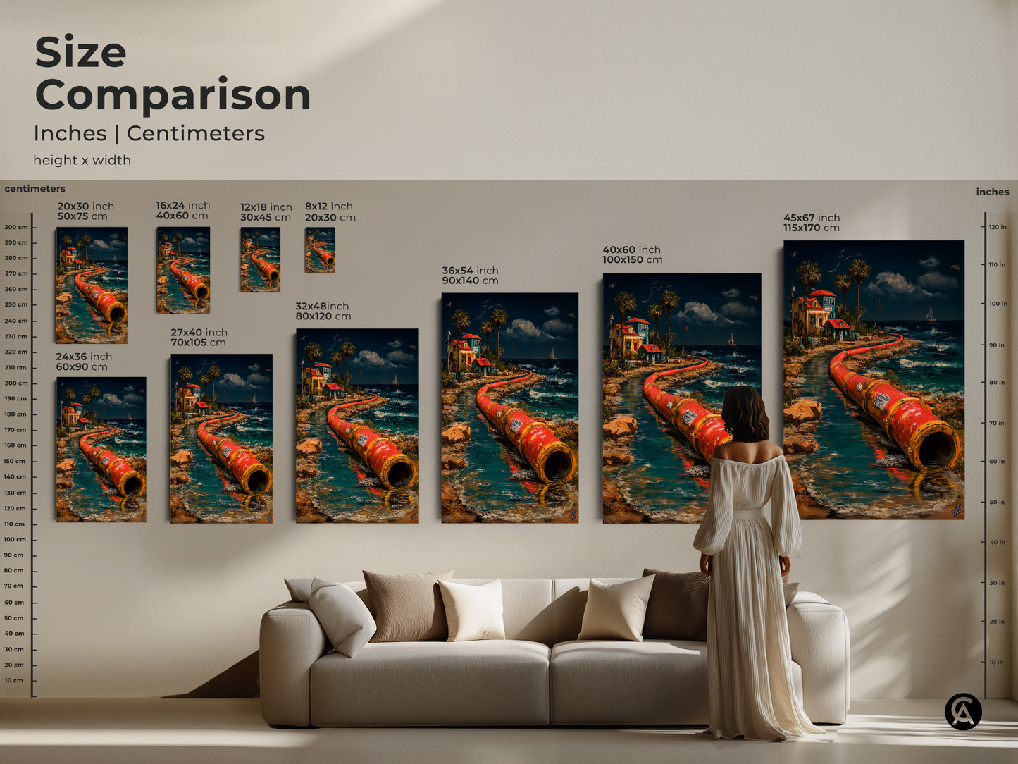 Size comparison of surreal industrial pipeline artwork in inches and centimeters. A unique piece of red orange teal coastal home decor art or abstract coastal art. Ideal as office wall art or a housewarming gift for him.
