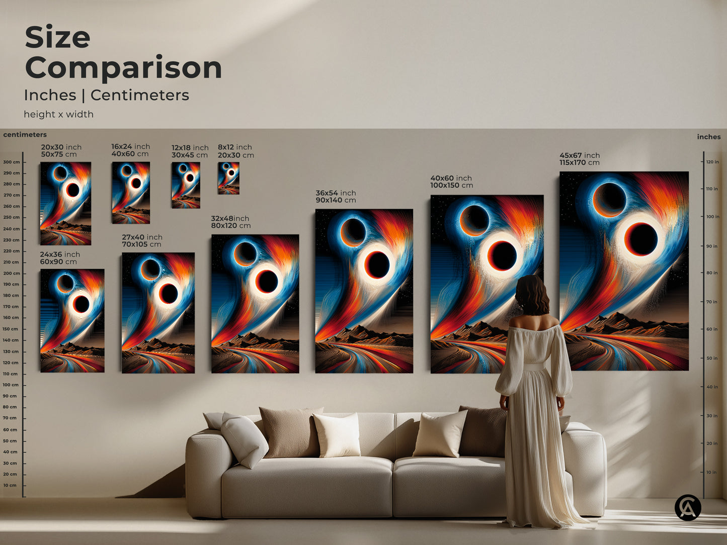 Size comparison of abstract space art prints. Inches and centimeters are shown for canvas options. Perfect as modern abstract artwork for contemporary office decor. It enhances any room.