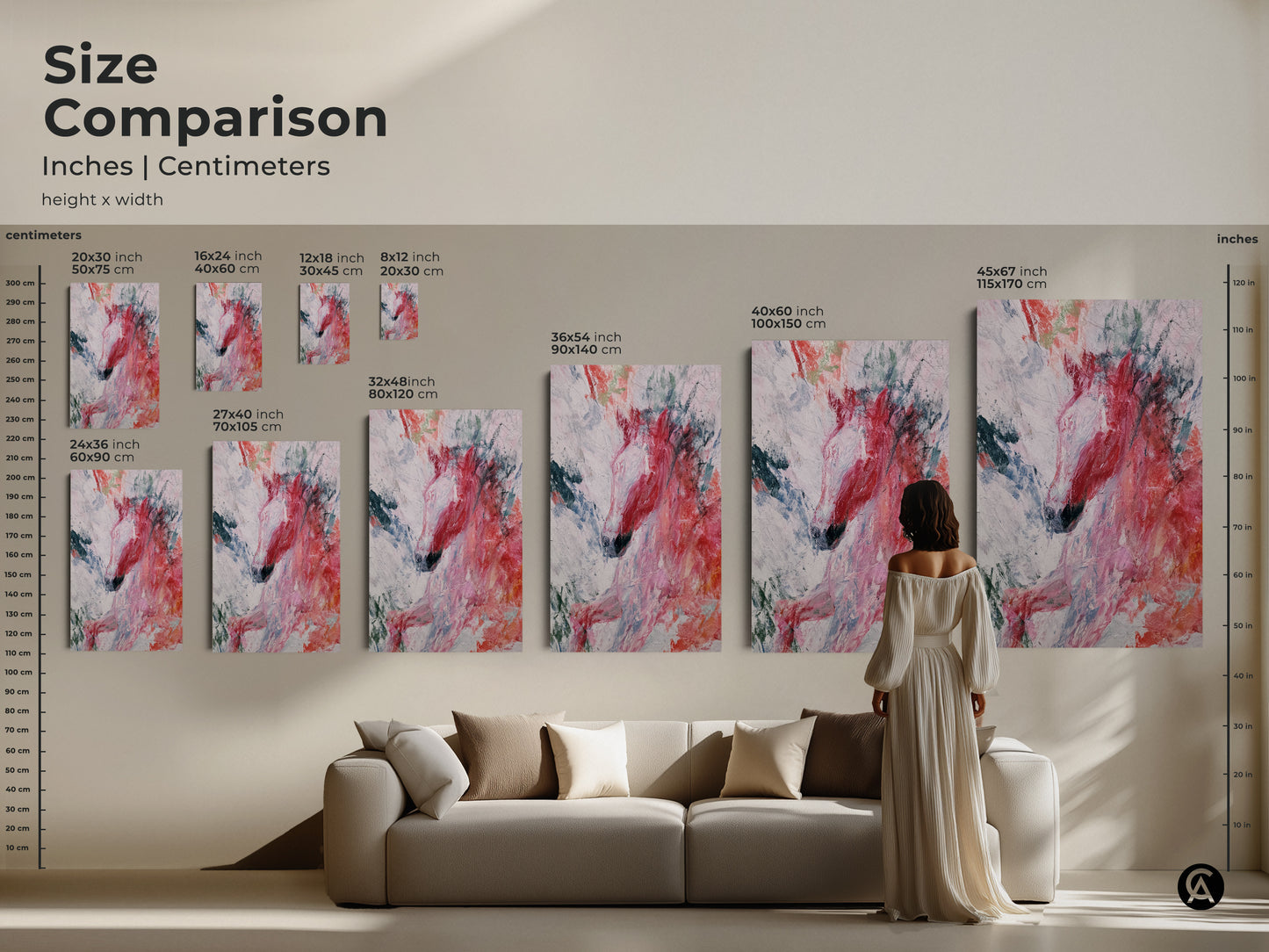 A size comparison of abstract horse artwork in inches and centimeters. The image features a woman viewing the artwork in various sizes above a sofa. This visual guide helps you choose the perfect scale for your expressive animal print whether it's a canvas or poster print. Ideal for eclectic home decor.