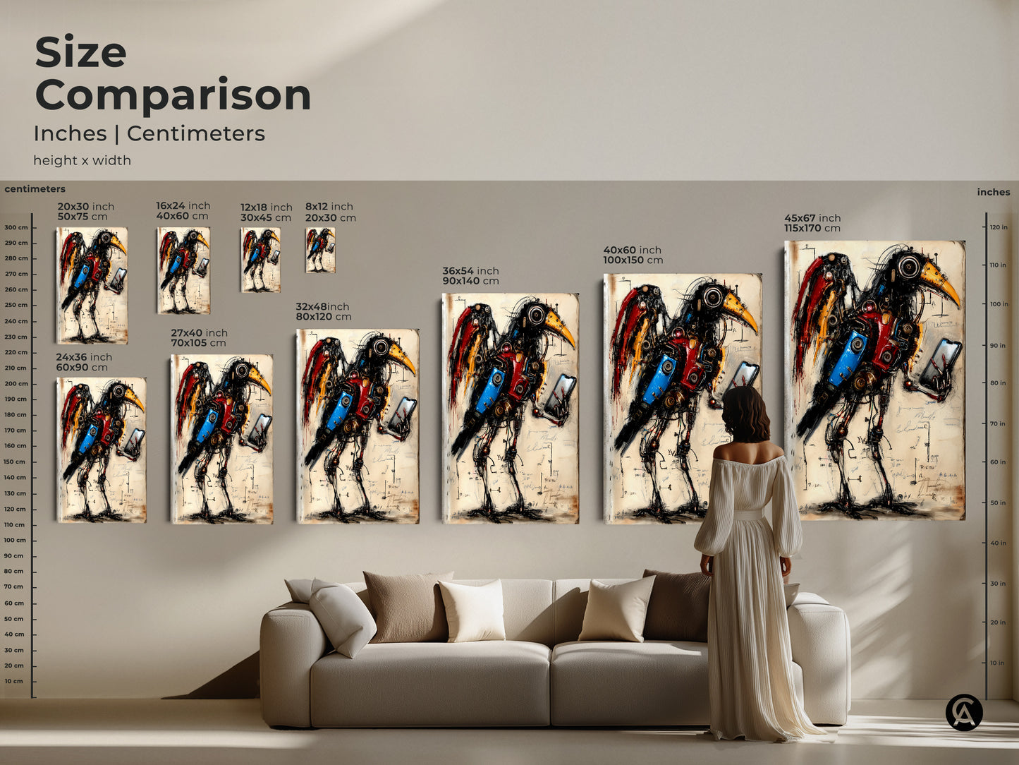 Size comparison of steampunk mechanical bird art prints. Inches and centimeters are listed. The artwork is a surreal steampunk fantasy animal. The art is great for office decor and as a gift for gadget lovers. This eclectic wall art is unique.