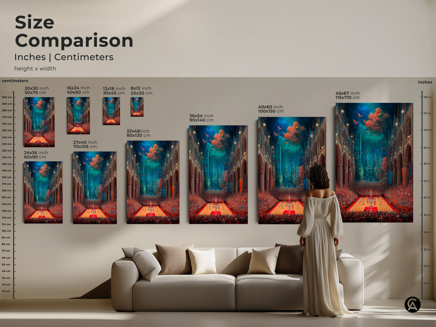 A size comparison of surreal basketball cathedral canvas art. It shows a range from 8x12 inches to 45x67 inches. The art adds an eclectic touch to any space. Perfect for adding a unique statement to your home or office.