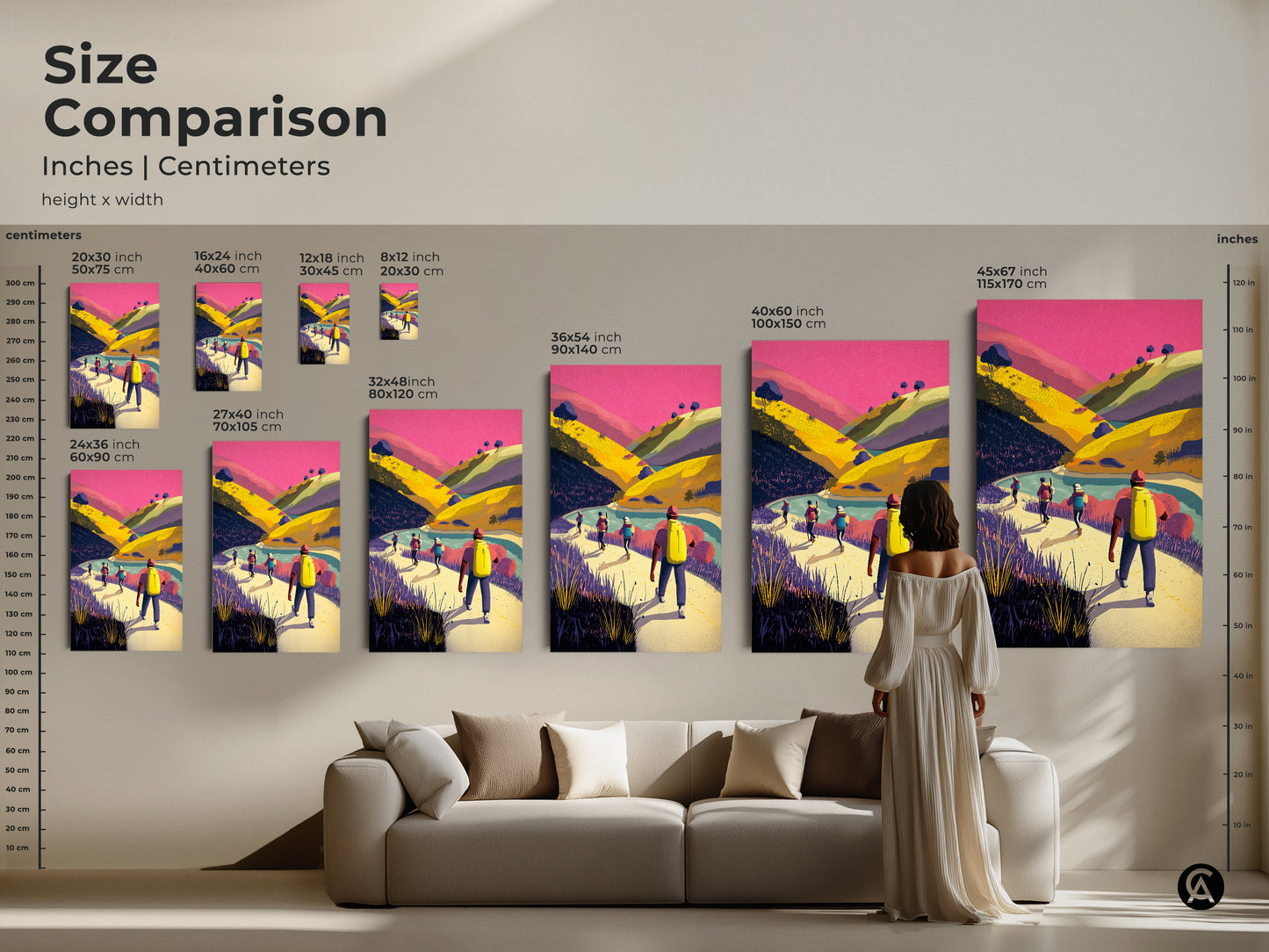 Size comparison of mountain landscape art with hikers. Various sizes are displayed above a sofa to show scale. Options include 16x24 inch 36x54 inch and 45x67 inch. Perfect adventure travel print for adding scenic nature decor to your living room bedroom or home office. A great gift for mountain lovers.