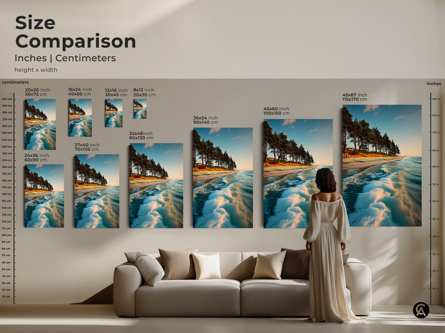 Size comparison for coastal artwork in inches and centimeters. See how the pine trees beach canvas print fits above a sofa. Artwork available in sizes from 20x30 cm to 45x67 inches. Perfect for residential bedroom wall art or coastal living room decor.