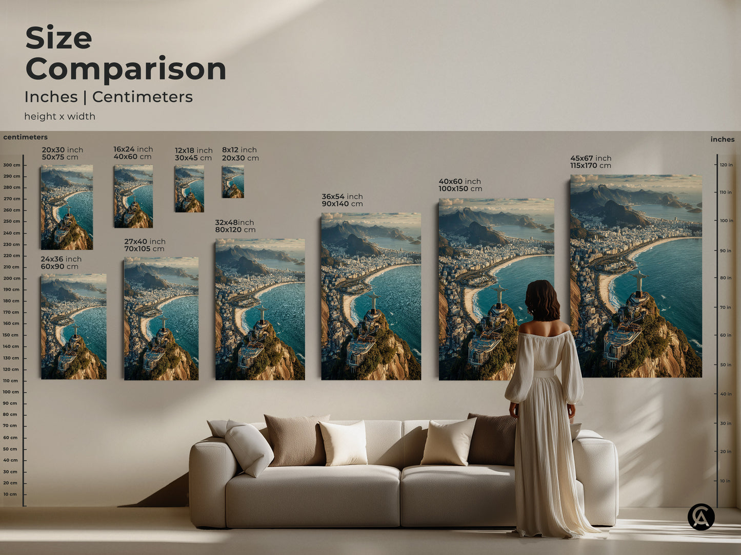 Size comparison of Christ the Redeemer art prints. View the artwork in various dimensions. Sizes range from 8x12 inch to 45x67 inch. See how each size enhances a living room setting. Find the perfect scale for your Rio de Janeiro cityscape canvas or poster.