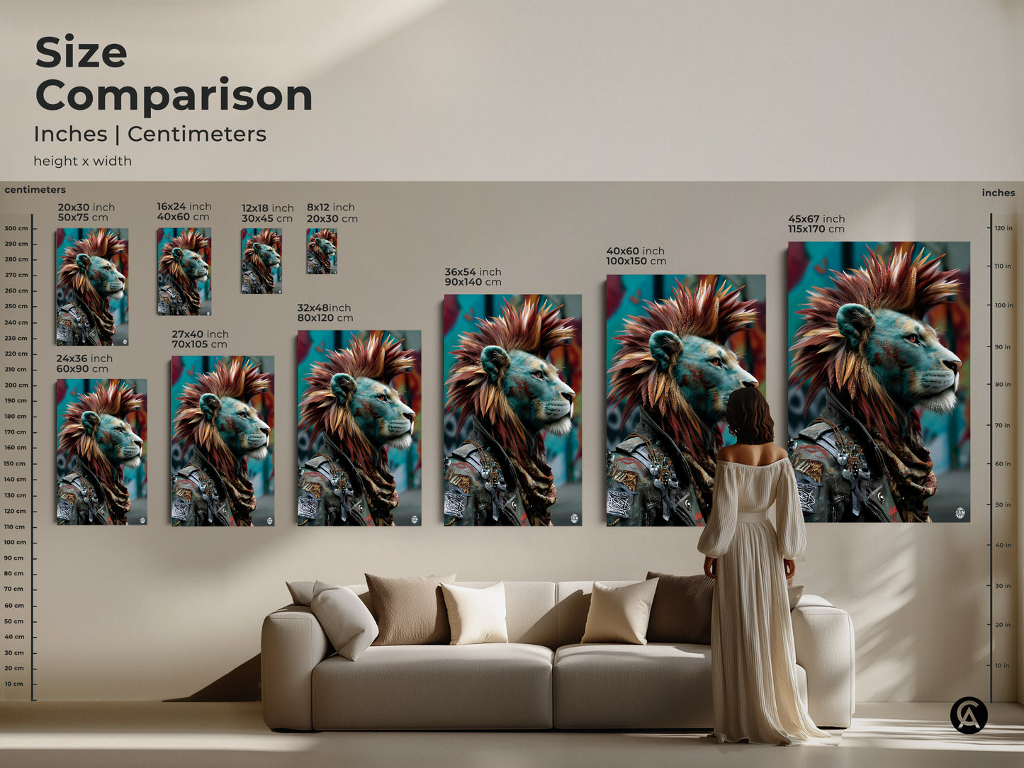 Size comparison of punk lion canvas art. Explore dimensions in inches and centimeters for various sizes. Unique red and teal animal wall decor is perfect for any space. Find the ideal Mohawk King print for your eclectic home interior.