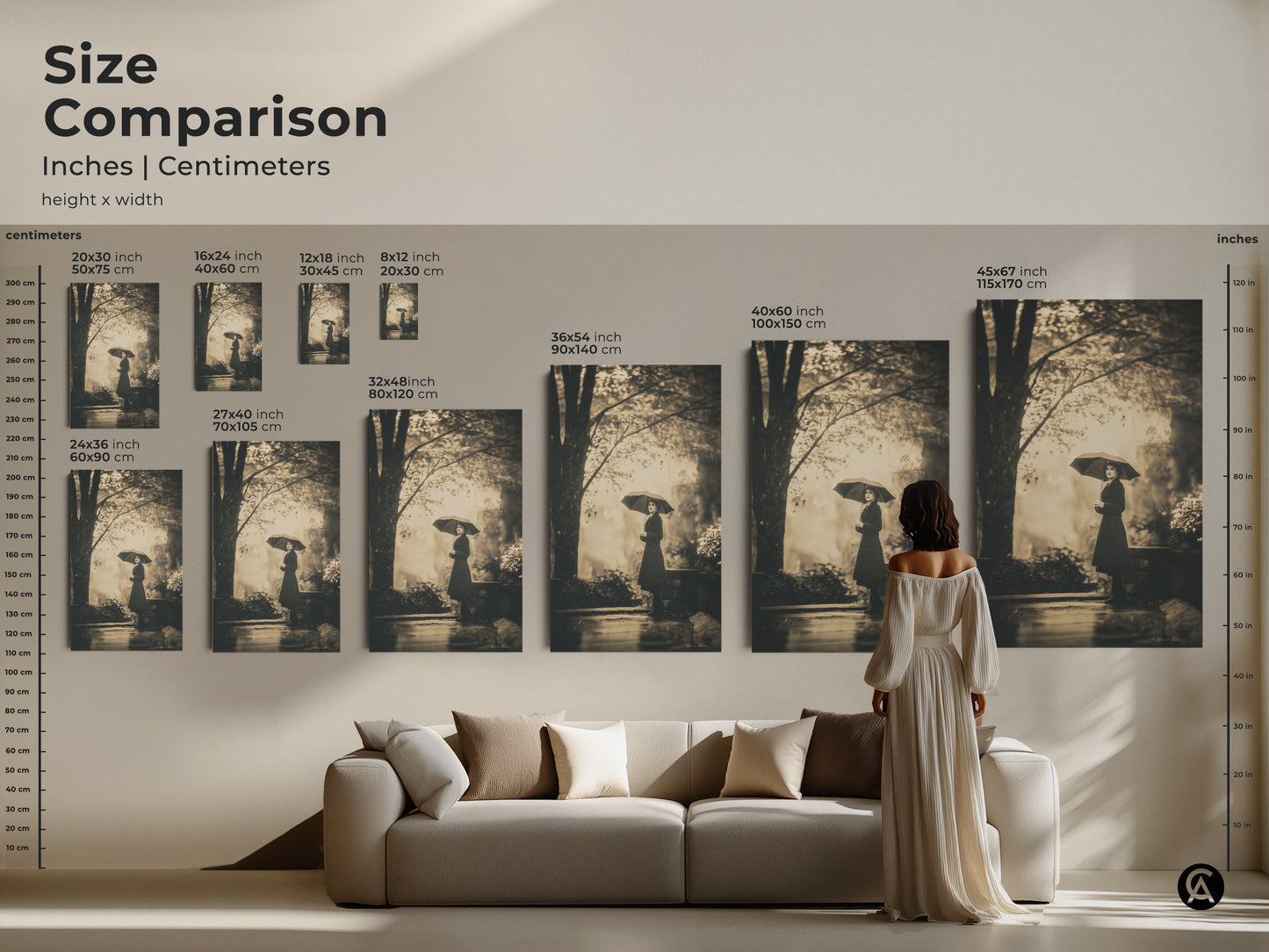 Size comparison of art prints in inches and centimeters. See how different sizes fit above a sofa. Visualize the scale of art prints in a living room setting. Sizes range from 20x30 to 45x67 inches.