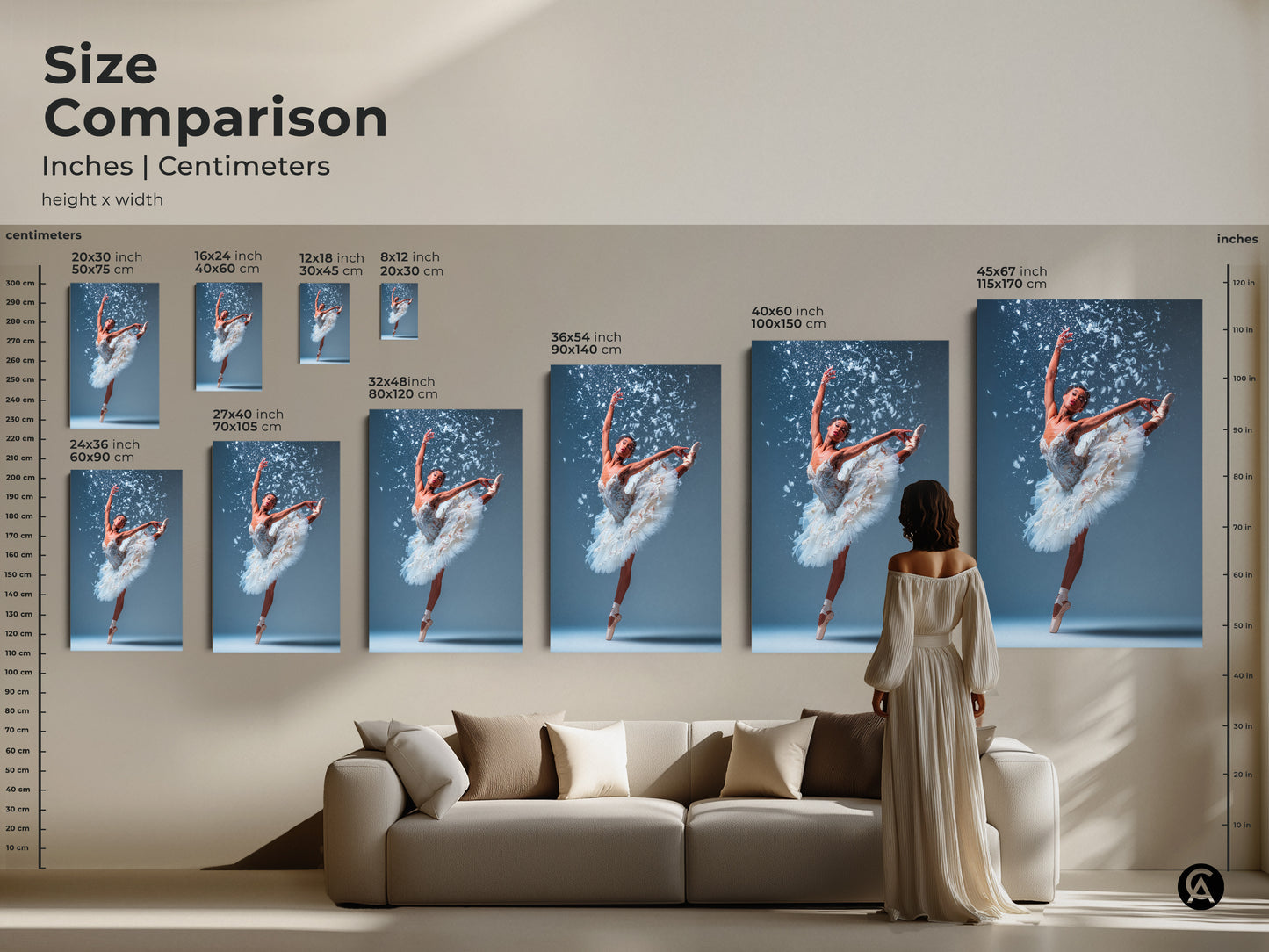 Size comparison of ballerina art prints. See how different sizes look above a sofa. Artwork includes canvas and poster options. A woman stands near the art for scale. Sizes range from small to extra large. Find the perfect fit.