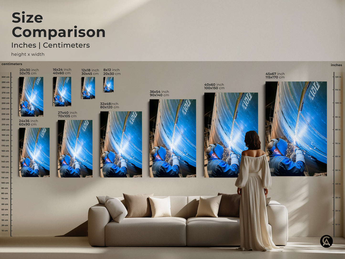 Size comparison of this welding art print in a living room setting. See how various sizes of this industrial canvas art transform a space. Perfect for man caves or as a blue collar worker gift.