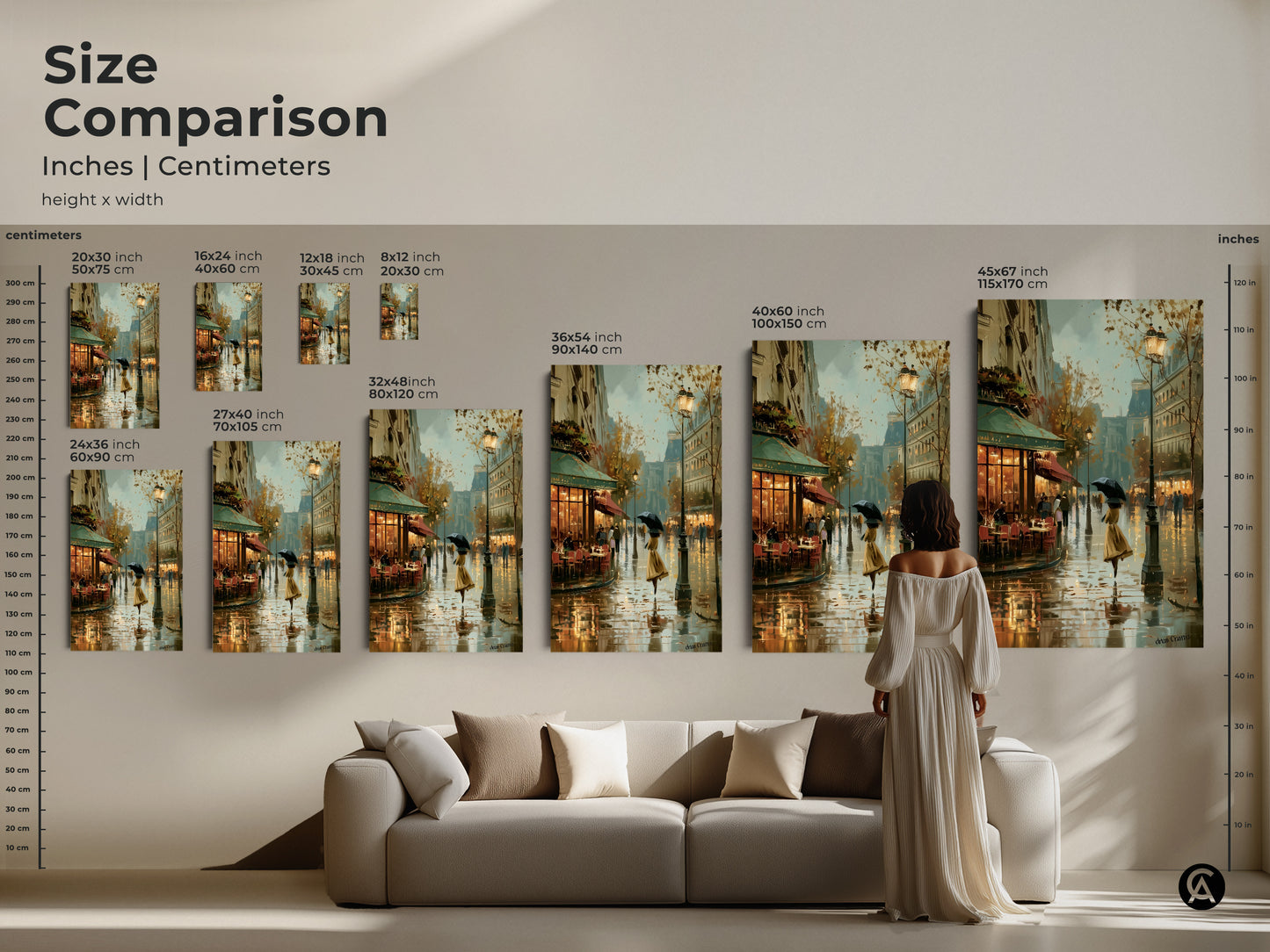 Size comparison of this Parisian street artwork in inches and centimeters. See how this impressionistic cityscape art fits above a sofa. Visualize the impact of different sizes of this European street scene decor. Perfect as a contemporary accent for your living room. It's a thoughtful Francophile housewarming gift.