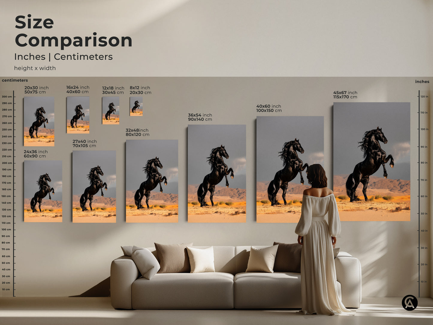 Size comparison of black horse canvas art. Inches and centimeters are both available. Ranging from small to large sizes. Wildlife photography wall decor for any room. A modern equestrian gift idea or a powerful horse art for your home.