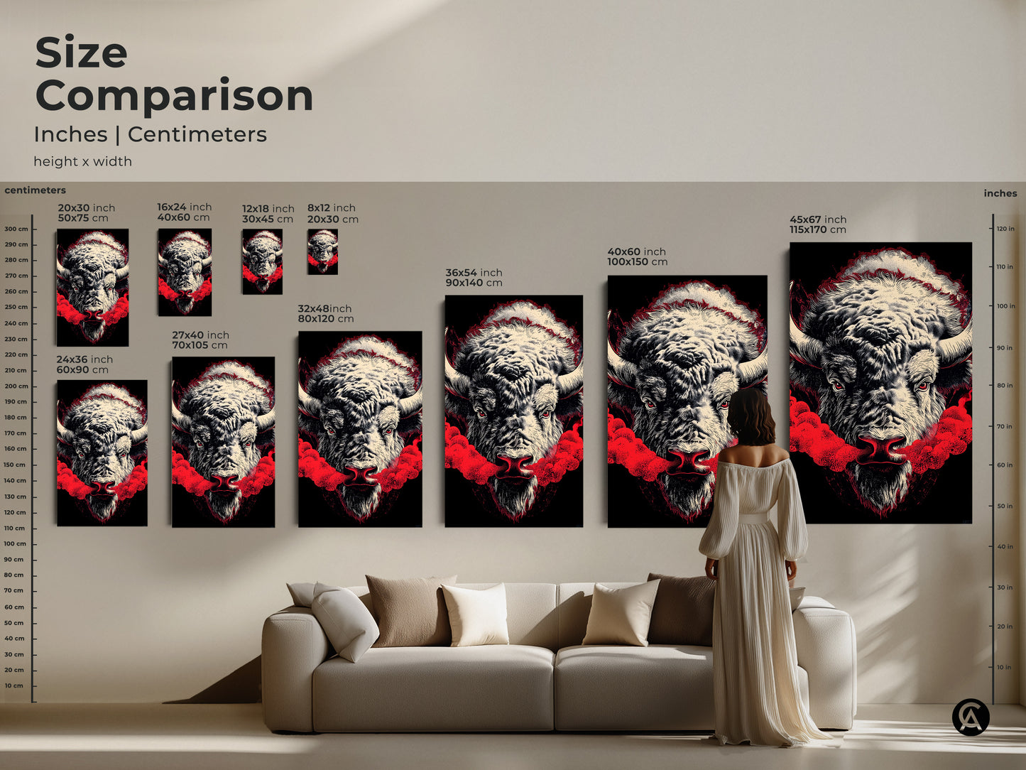 A size comparison of buffalo artwork in inches and centimeters. See how the art fits above a sofa. Choose from sizes 8x12 to 45x67 inches. Perfect for any room the artwork adds a modern touch. Buy now and enhance your home decor.