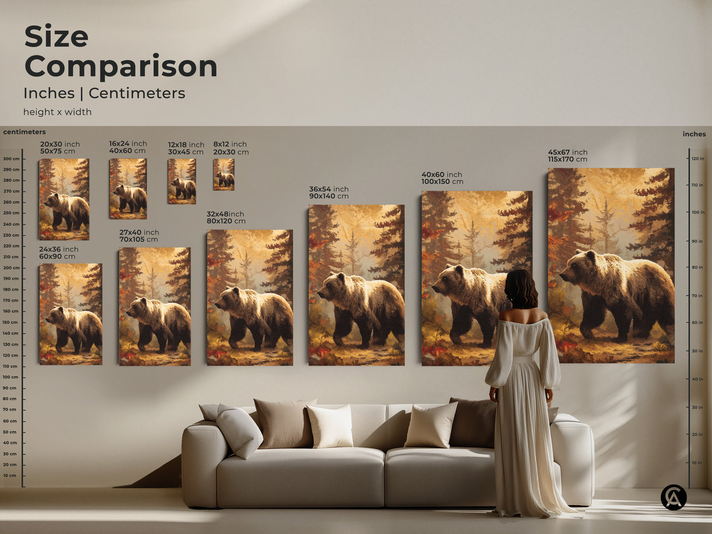 Size comparison of bear art inches versus centimeters. See how the rustic woodland art fits above a sofa. Various sizes accommodate your wildlife animal art needs.