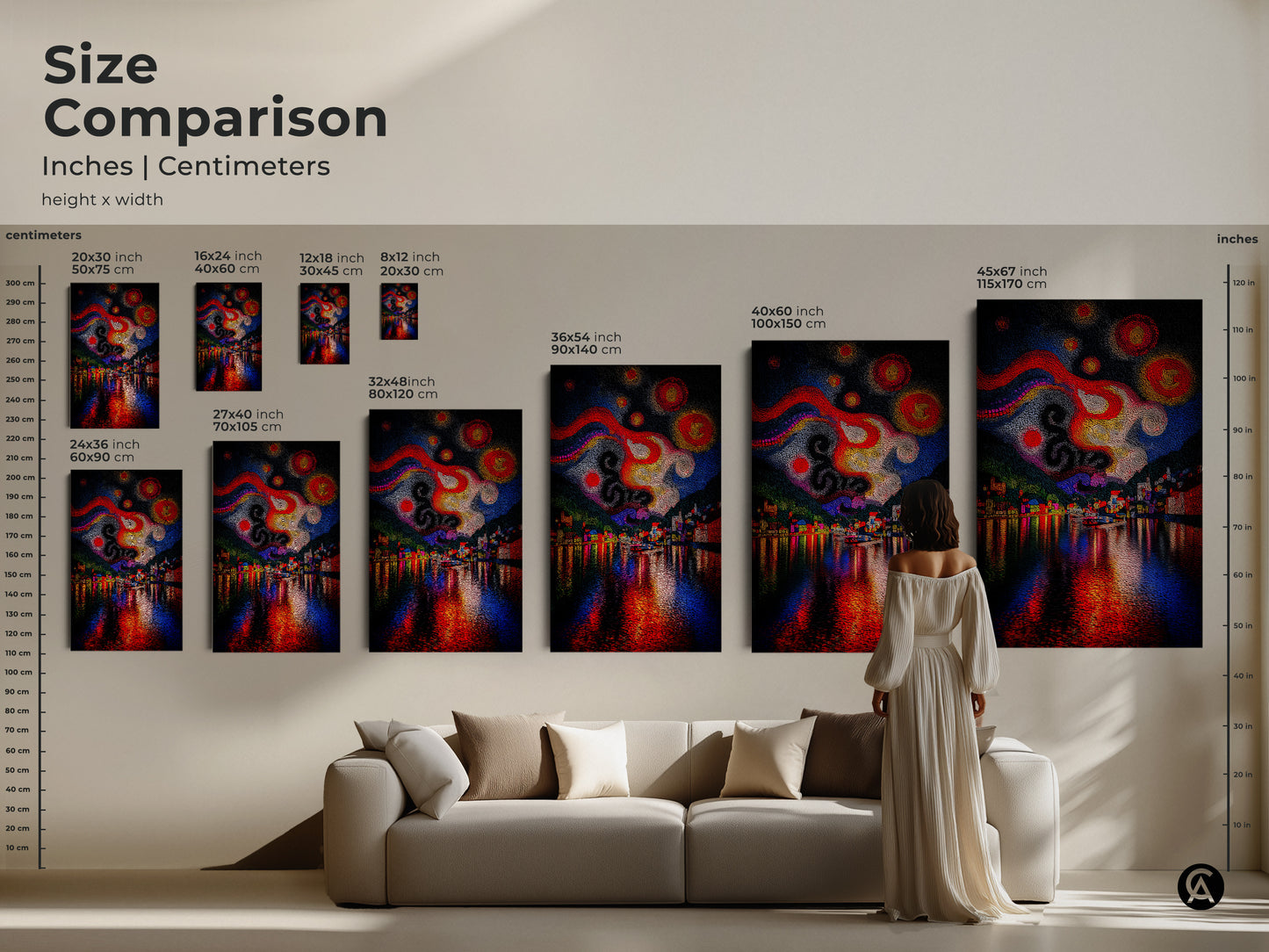 Size Comparison of the Abstract Village Night Sky artwork. Inches and Centimeters are listed for canvas and poster prints. Sizes range from small 8x12 to extra large 45x67 for creative spaces.