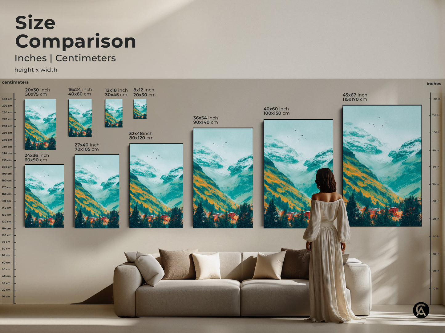 Size comparison of mountain art prints. Inches and centimeters are shown. A woman stands near a sofa to showcase the art sizes. Find the perfect size for your home. Available in canvas and poster prints.