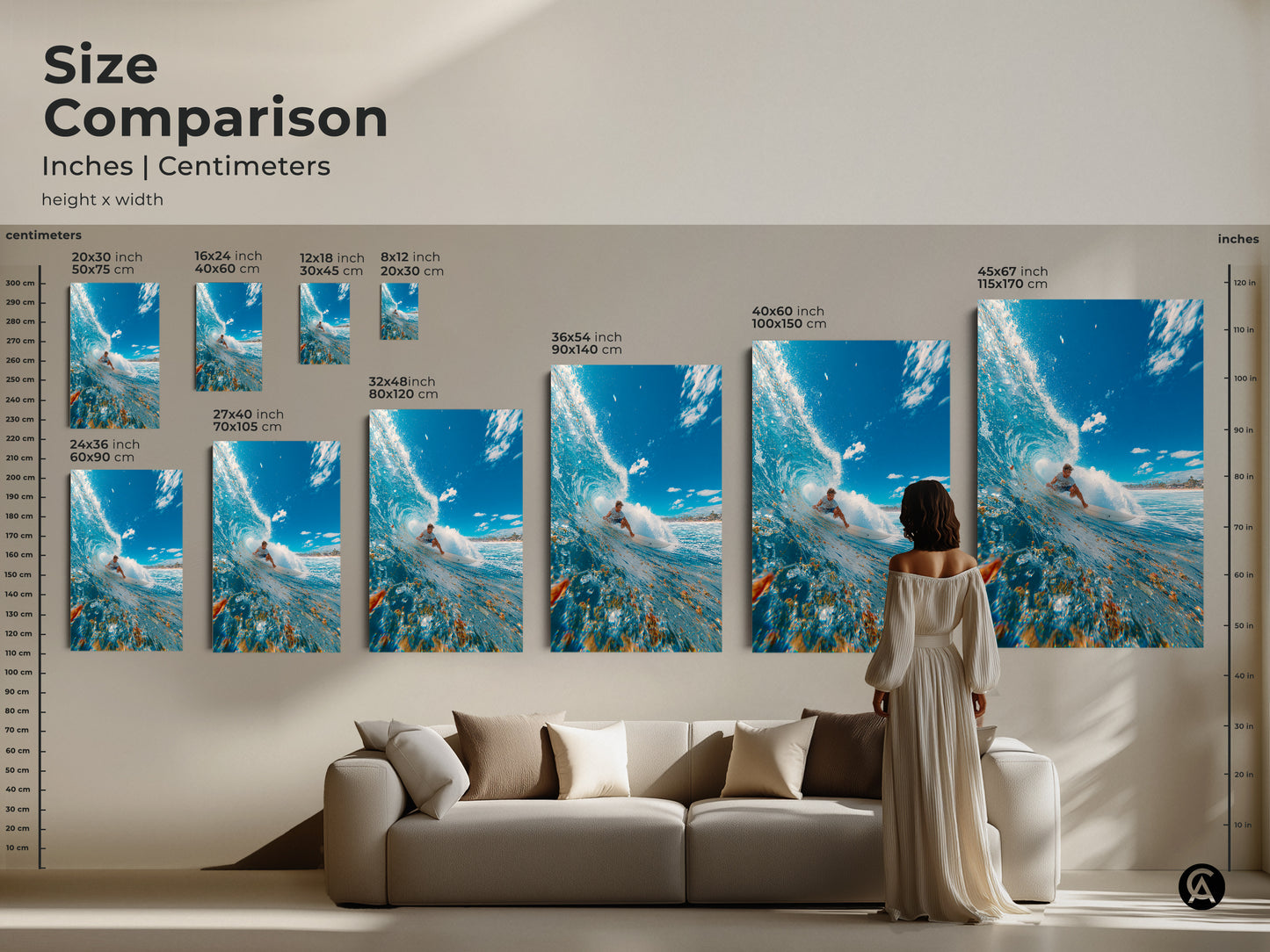Size comparison of surfing artwork in inches and centimeters. Visualize how different sizes fit above a sofa. Choose from various canvas and poster print options. Find the perfect scale to enhance your living space. Transform your home with captivating ocean artwork.