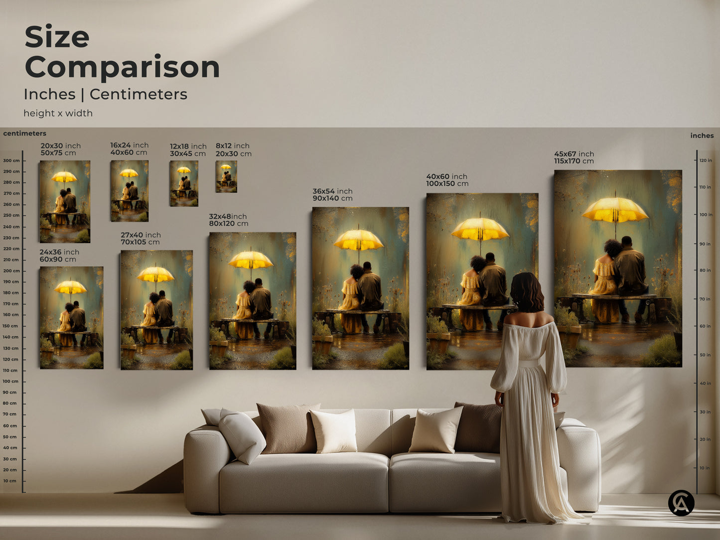 Size comparison of romantic couple wall art. Inches and centimeters are shown. Sizes range from small to large. Each features a couple under a yellow umbrella. Perfect bohemian anniversary gift and rainy day art. A cozy bedroom decor.