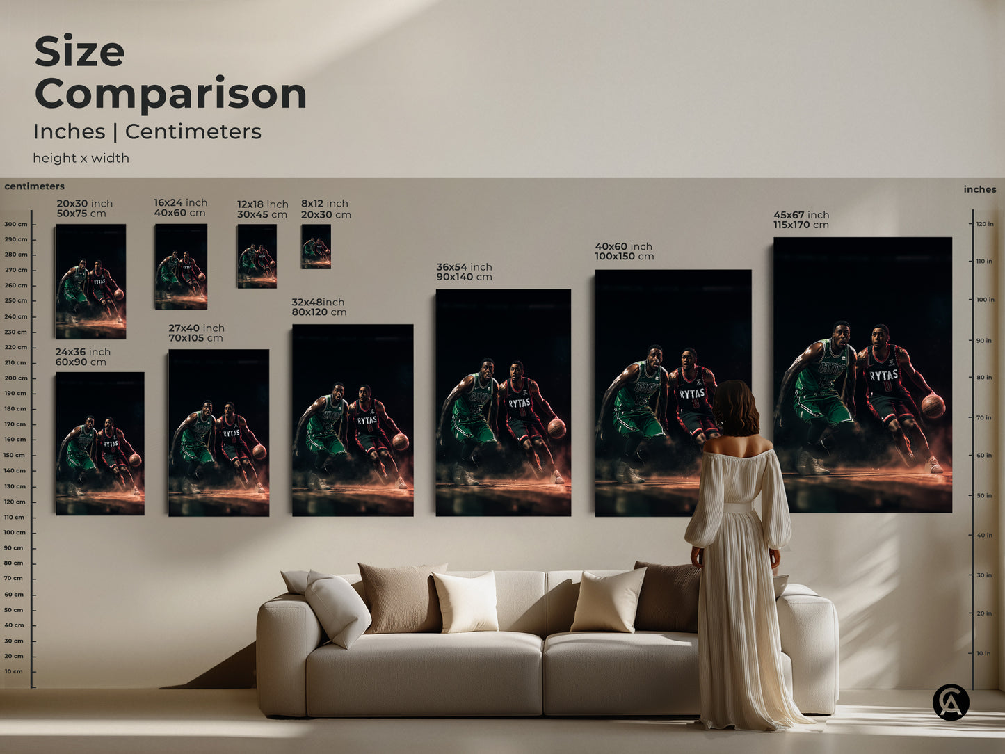 Size comparison of basketball art prints in inches and centimeters. See how different sizes of canvas and poster prints look in a living room setting. Choose the ideal dimensions to complement your space with this artwork.
