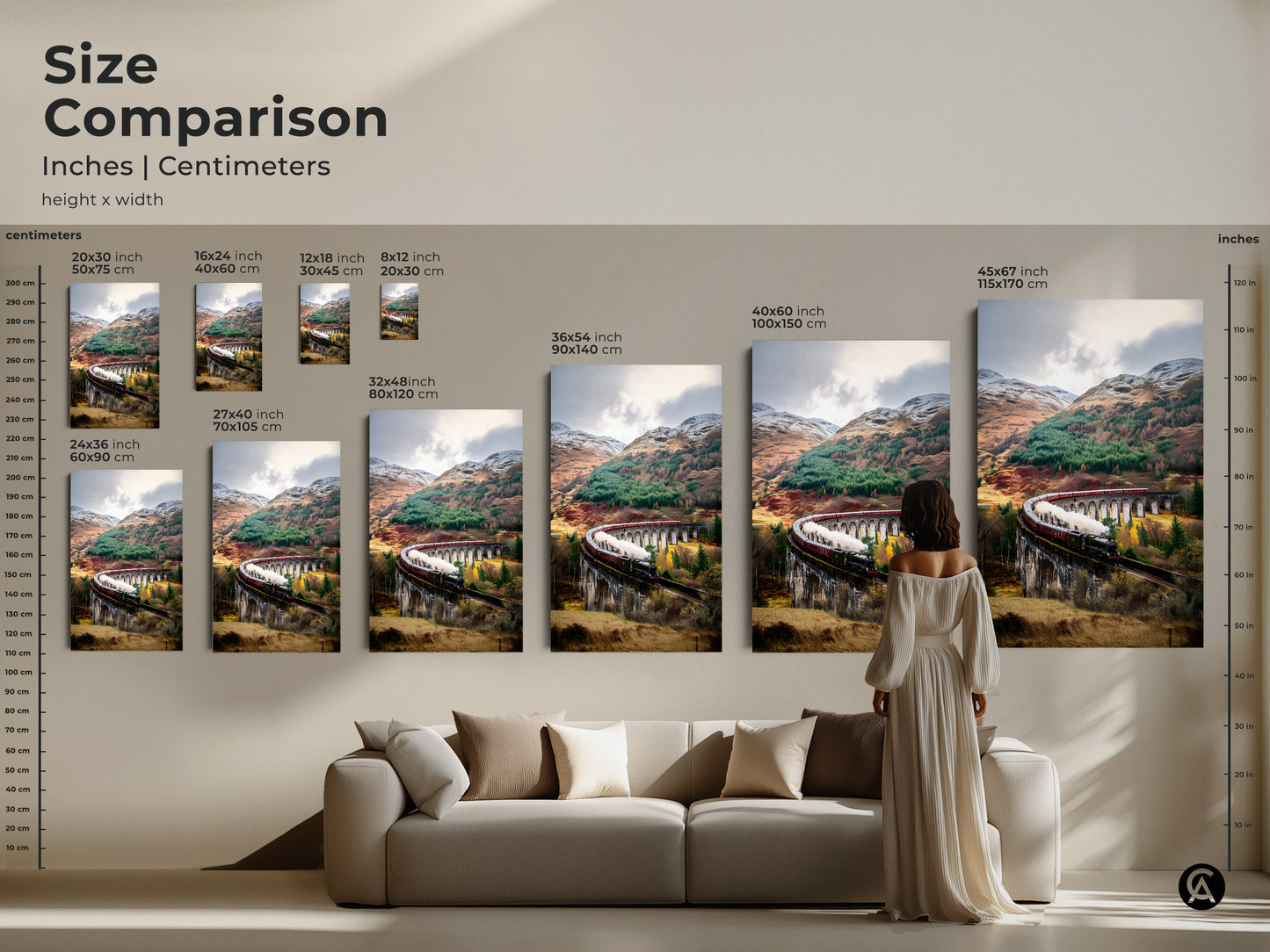 A size comparison illustrates the impact of this scenic railway wall art in inches and centimeters. Visualize the vintage steam train art print above a couch. This autumn forest decor transforms any living room. Consider this traditional train artwork as a focal point.