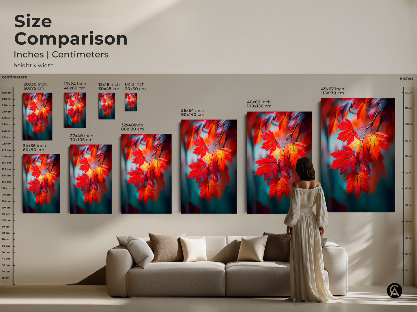 Size comparison of maple leaf artwork. See how different sizes look in a living room setting. Available in various sizes as canvas and poster prints. Find the ideal artwork to enhance your home.