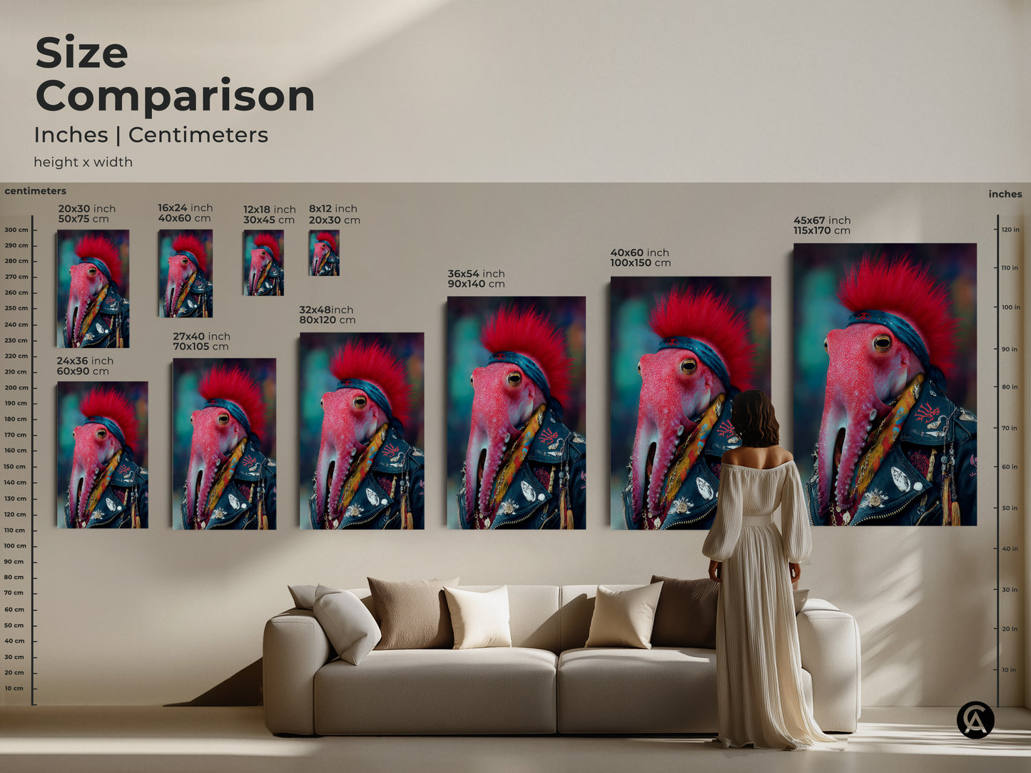 Size Comparison Chart for Punk Rocker Octopus Art. See inches and centimeters for various canvas and poster sizes. This eclectic piece transforms any living room or man cave.