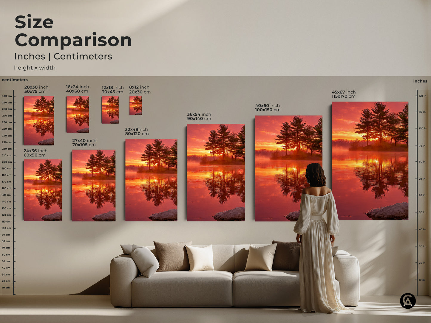 Size comparison of the rustic pine tree sunset lake artwork in inches and centimeters. Visualize the scale of each nature photography print from small to large. Perfect for planning your wall decor. See how the canvas art fits in a living space.