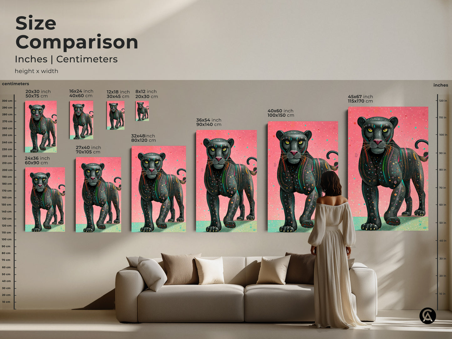 Compare sizes of the pink teal geometric panther art. Options range from 8x12 inches to 45x67 inches. The contemporary wildlife art on canvas adds a modern touch to any space. Perfect for eclectic home decor. This abstract geometric print makes a bold statement. Ideal for living rooms or offices.