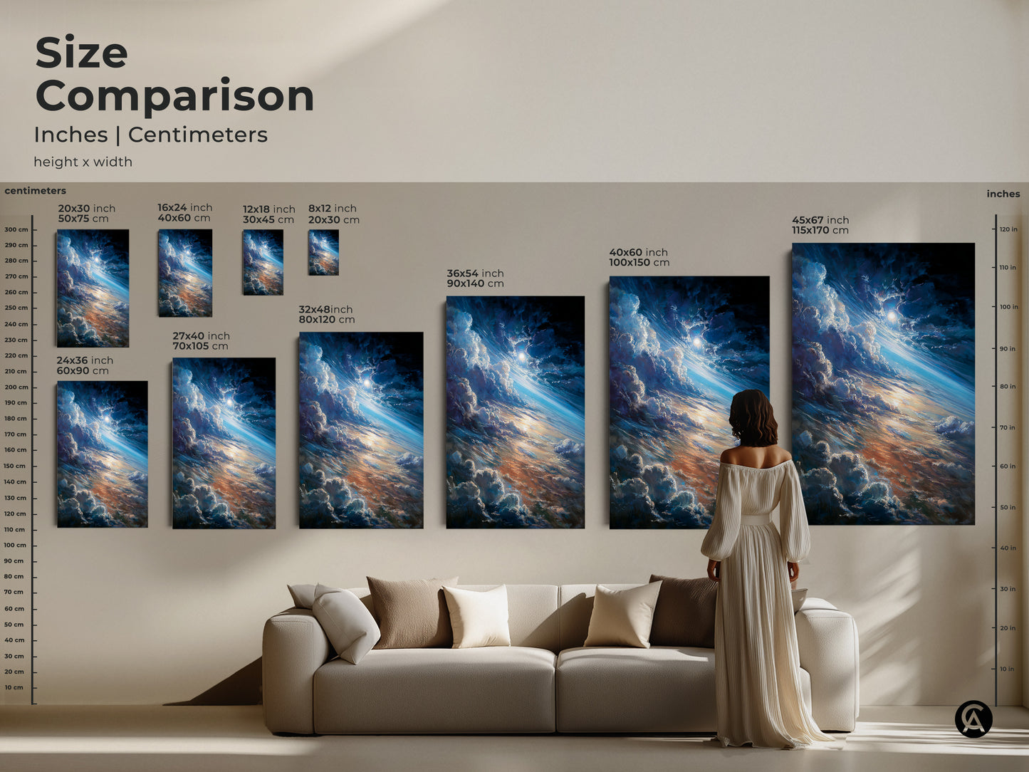 Size comparison of space art prints in inches and centimeters. See how canvas and poster artwork fits in a living room setting. The art features clouds and a radiant sun. Enhance your home with space-themed art in various sizes. Find the perfect fit.