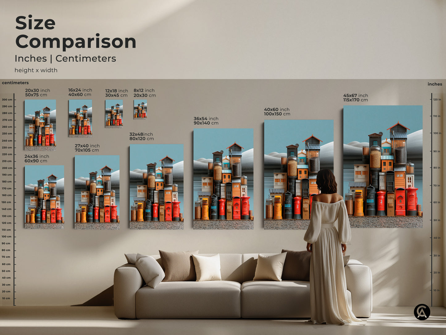 Compare sizes of surrealist urban art prints in inches and centimeters. Visualize how the eclectic artwork fits above a sofa. Explore canvas and poster options. See the impact of the architectural still life in various sizes. Perfect for unique home decor and as a housewarming gift.