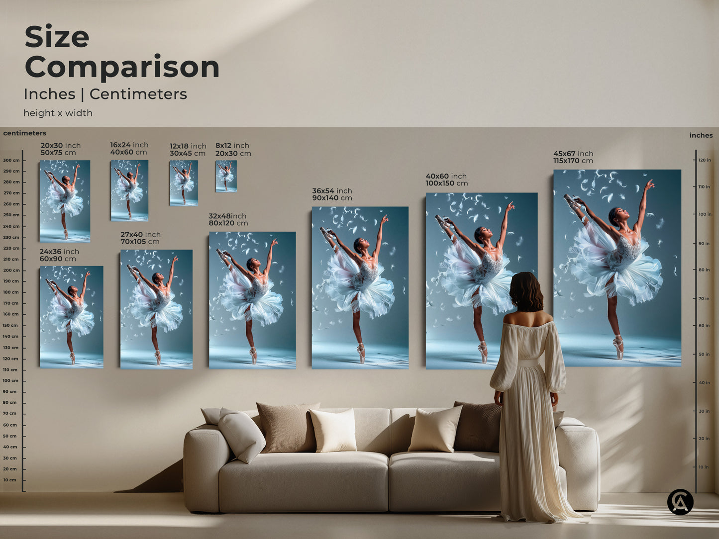 Size comparison of ballerina artwork. See the ballerina artwork in various sizes. It ranges from small to large. The ballerina in a white tutu is surrounded by feathers. Visualize how the art fits above a sofa.