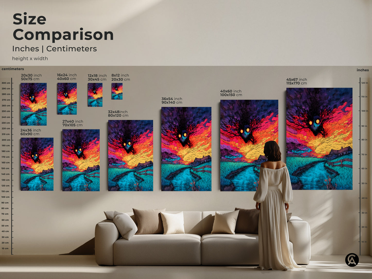 Size comparison of spooky monster artwork prints. See the artwork in various sizes. From small 8x12 inch to large 45x67 inch. Visualize how each size will look in your space. Find the perfect fit today!