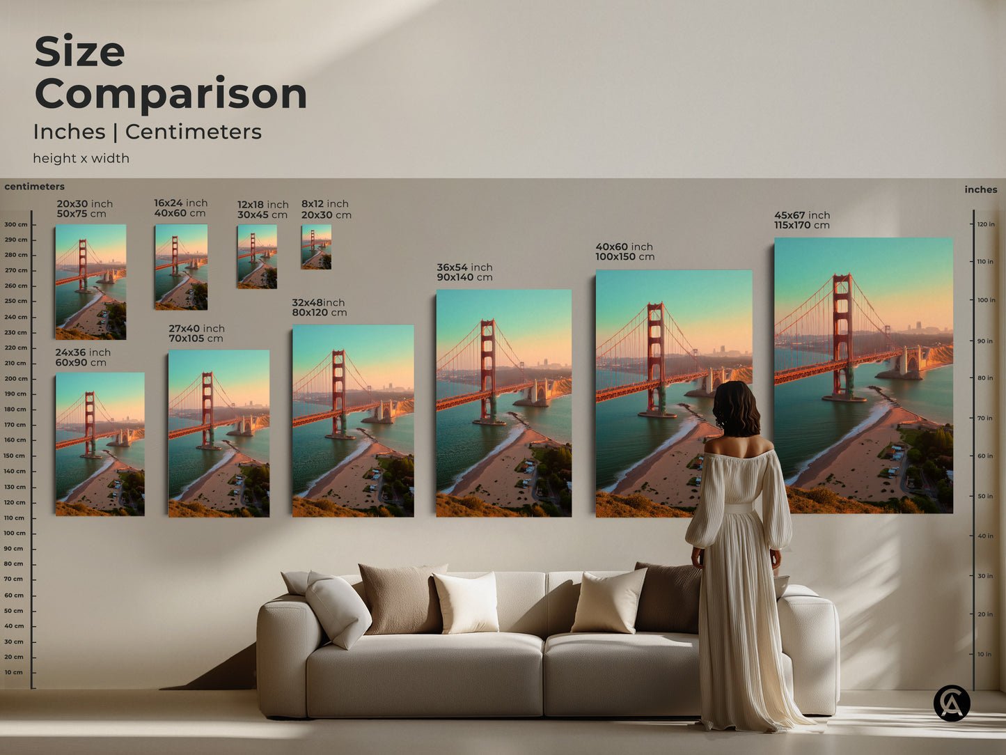 Size comparison of Golden Gate Bridge prints in inches and centimeters. See how the art looks above a couch. Find the ideal scale for your San Francisco skyline artwork.