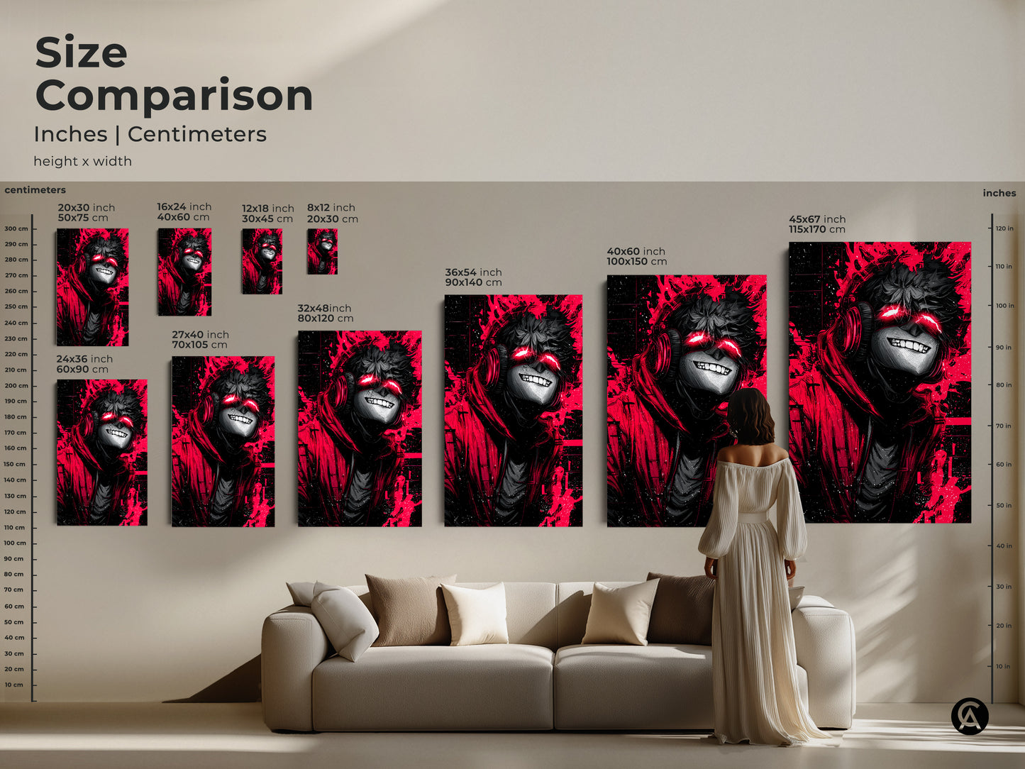 Compare sizes and visualize how this anime character art will look in your home. Available in inches and centimeters. This artwork is perfect for any space. See the art alongside a model and sofa for scale.