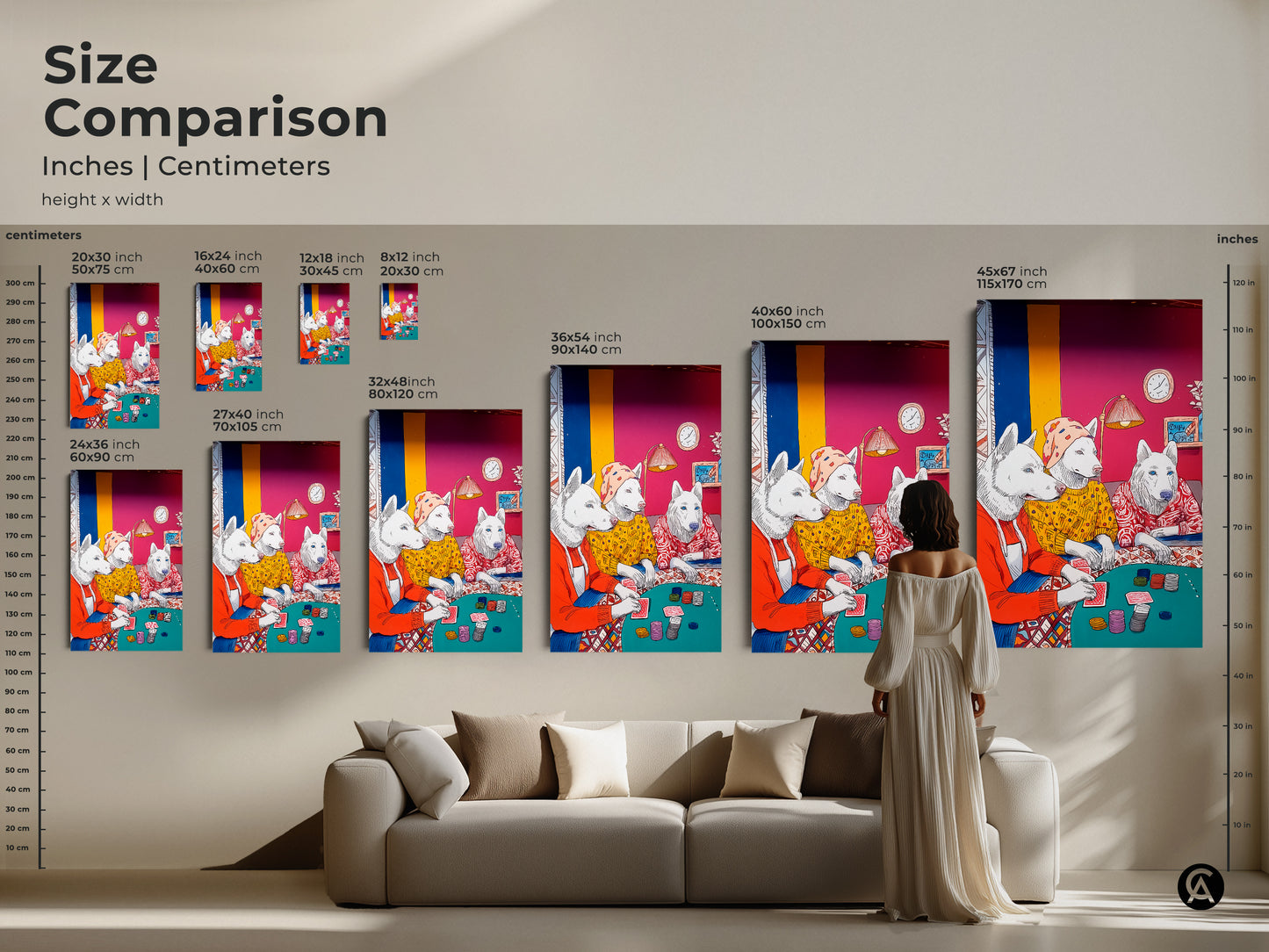 See sizes of dog poker art in inches and centimeters. Sizes range from small to extra-large. This size comparison helps you visualize the art in your living room. Find the perfect fit for your space.